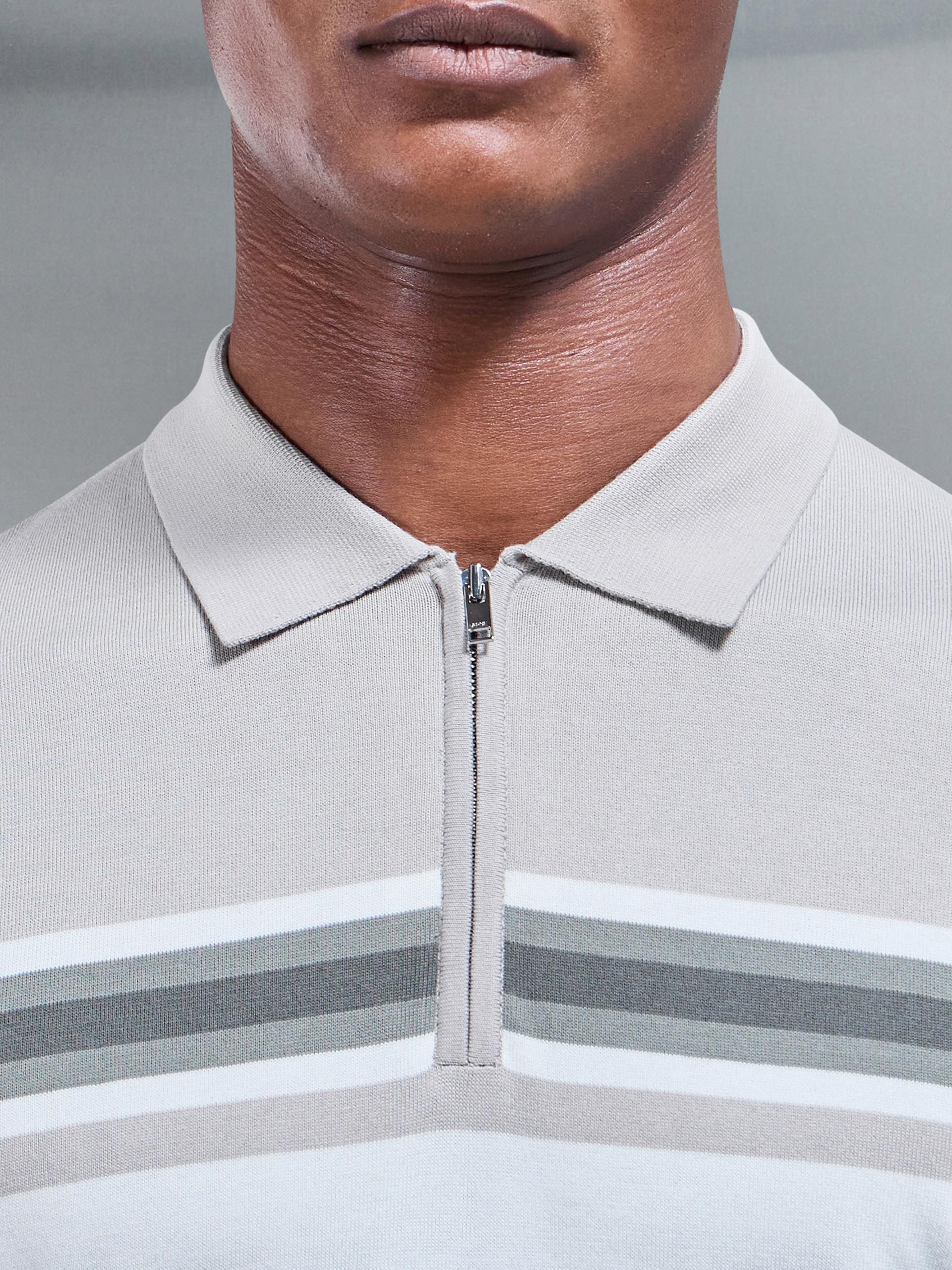 Mens Cotton And Silk Colour Block Zip Polo Shirt in White Sage