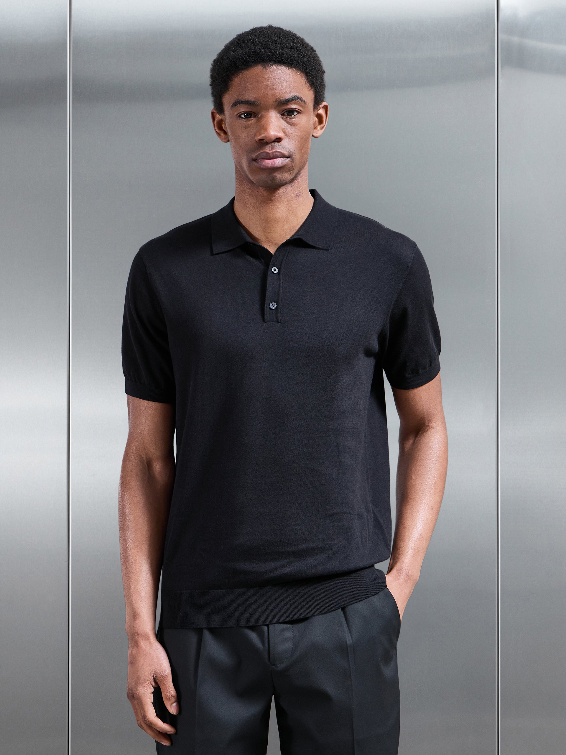 Mens Cotton and Silk Polo Shirt in Black