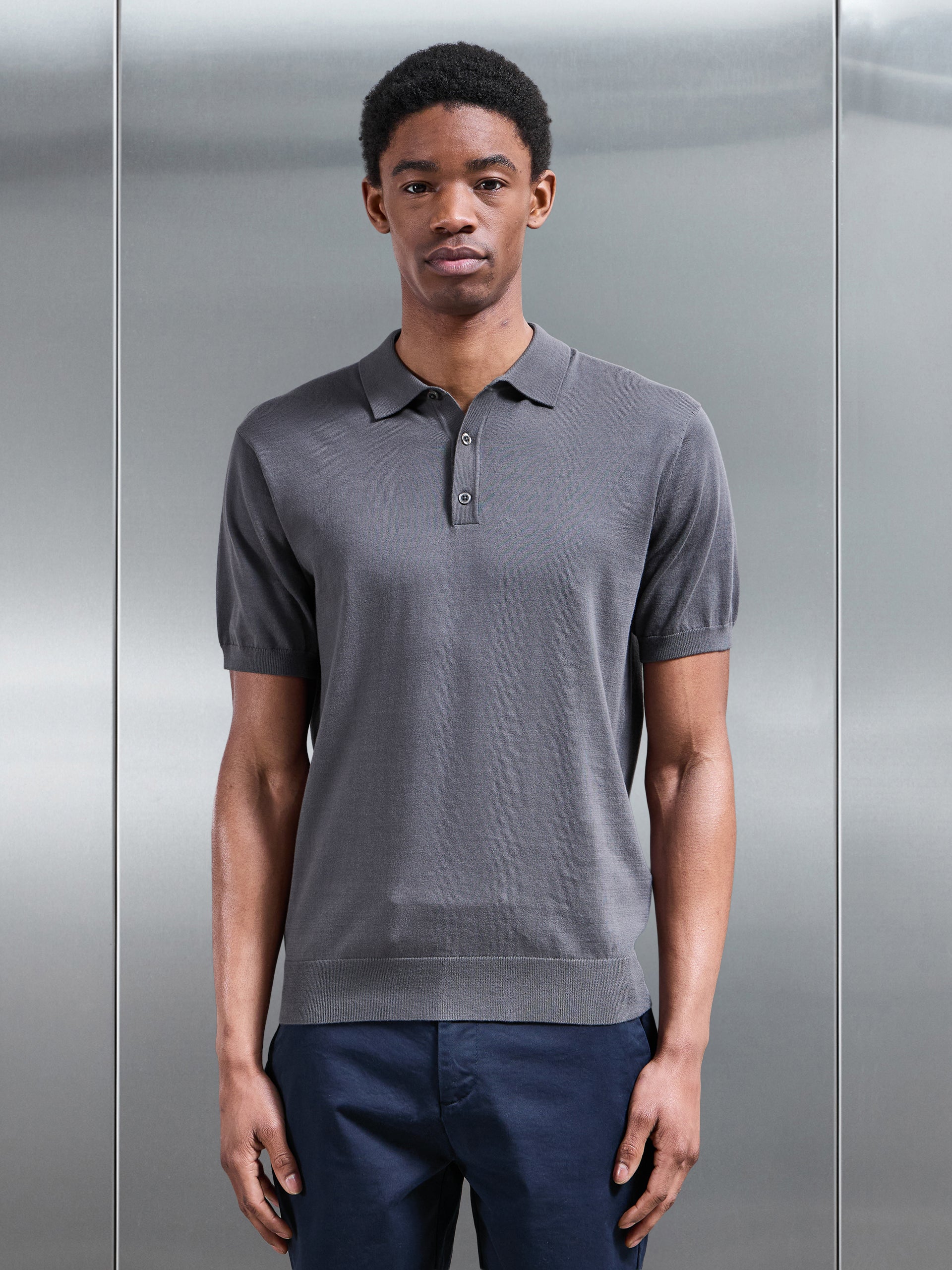 Mens Cotton and Silk Polo Shirt in Grey