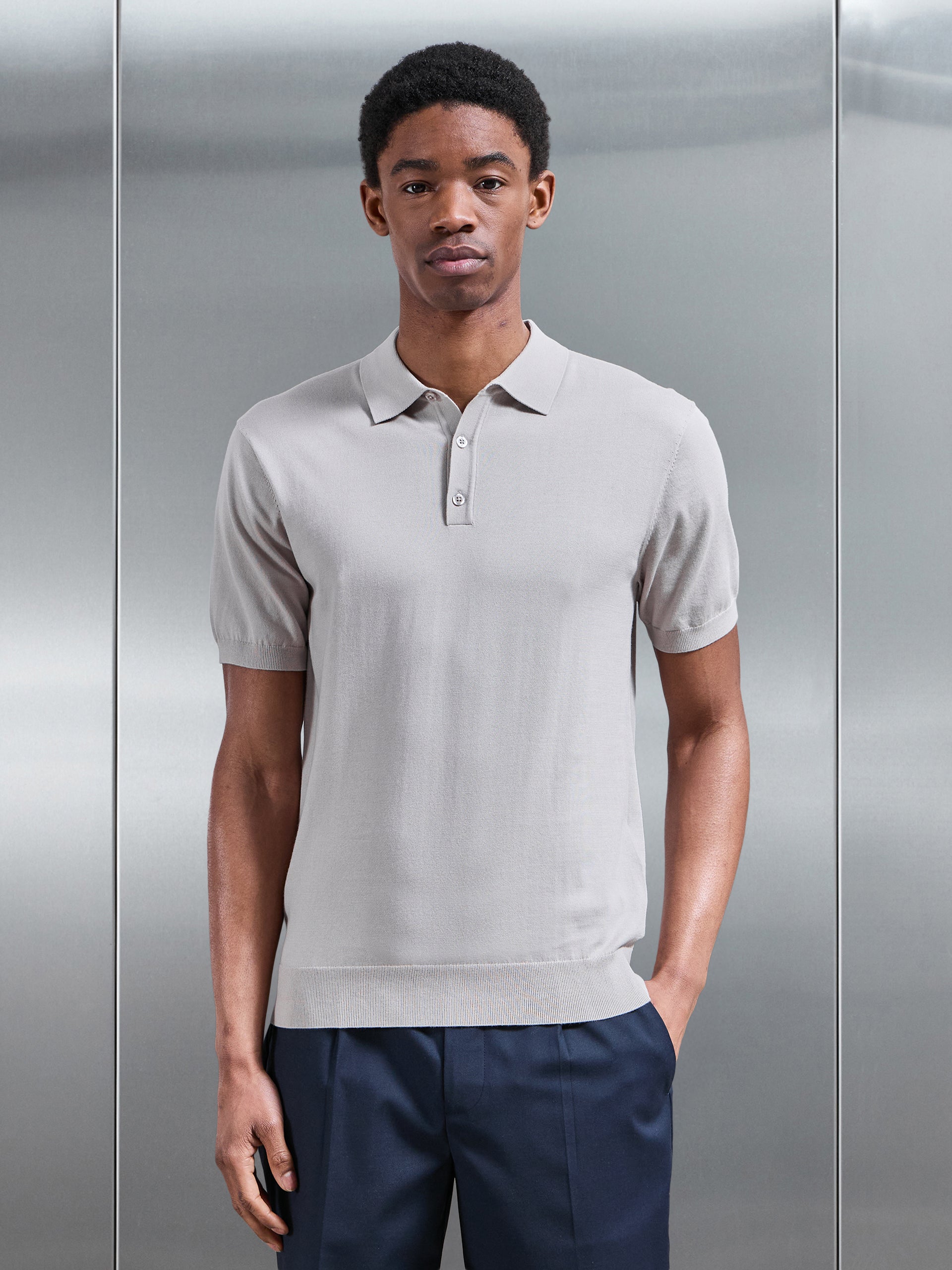 Mens Cotton and Silk Polo Shirt in Stone