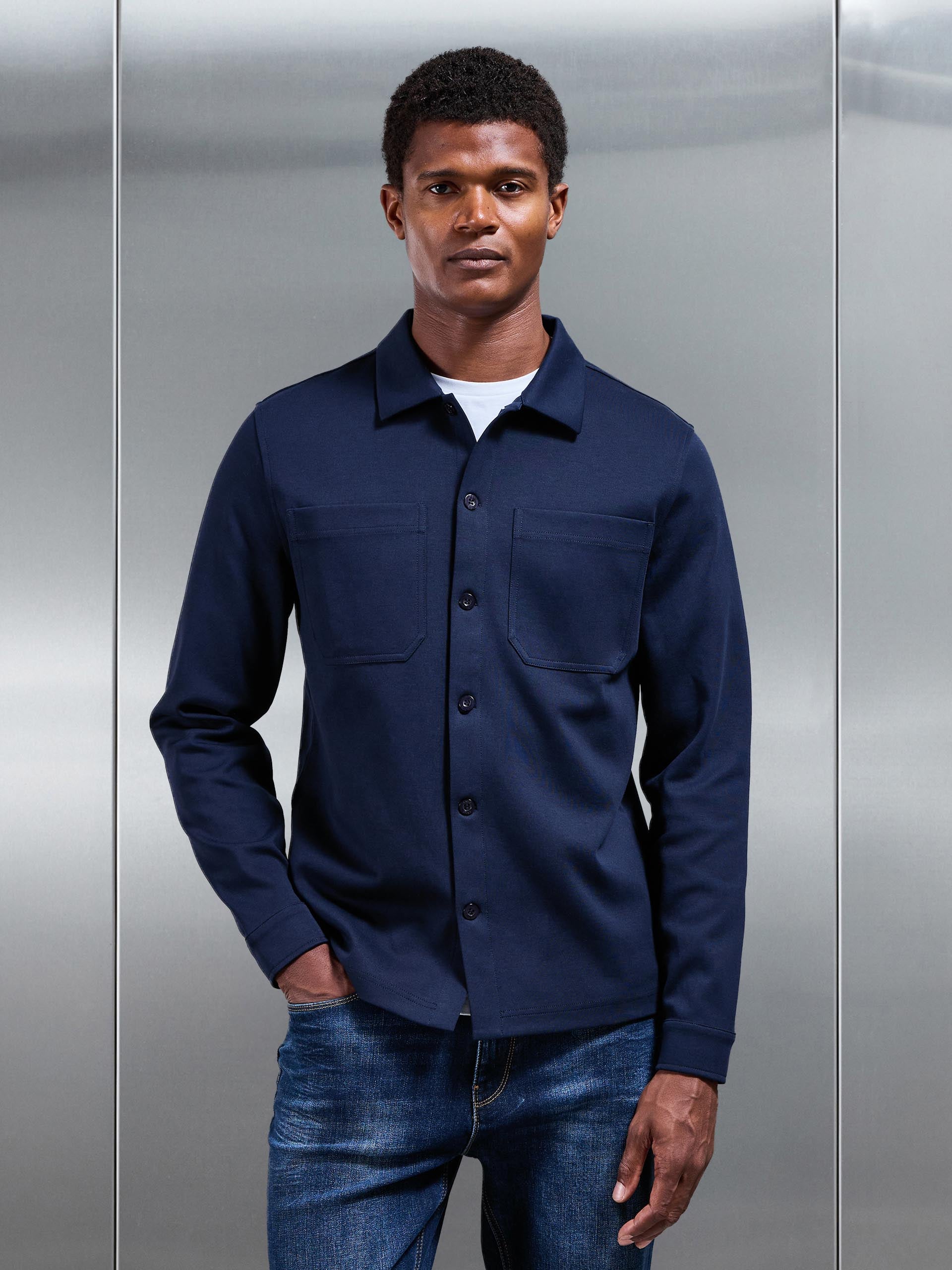 Mens Cotton Jersey Overshirt in Navy