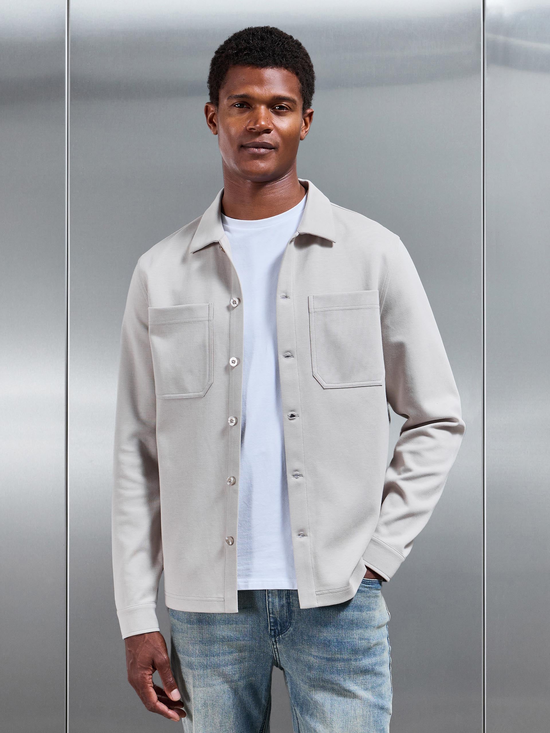 Mens Cotton Jersey Overshirt in Stone