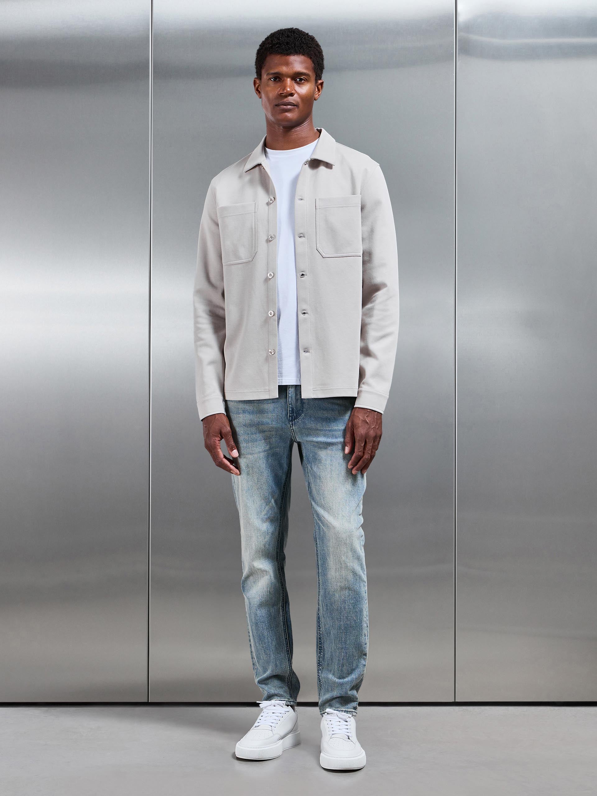 Mens Cotton Jersey Overshirt in Stone