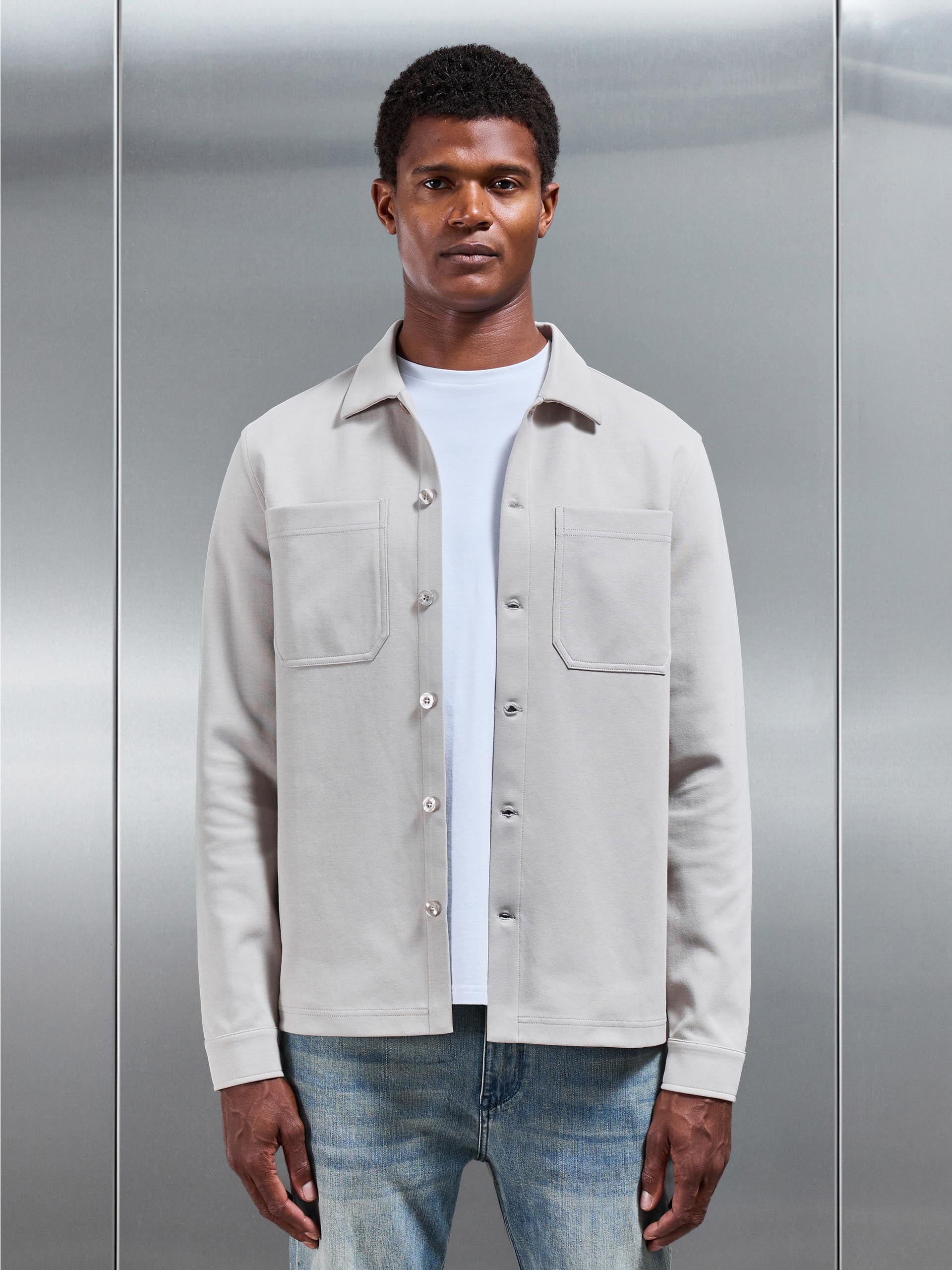 Mens Cotton Jersey Overshirt in Stone