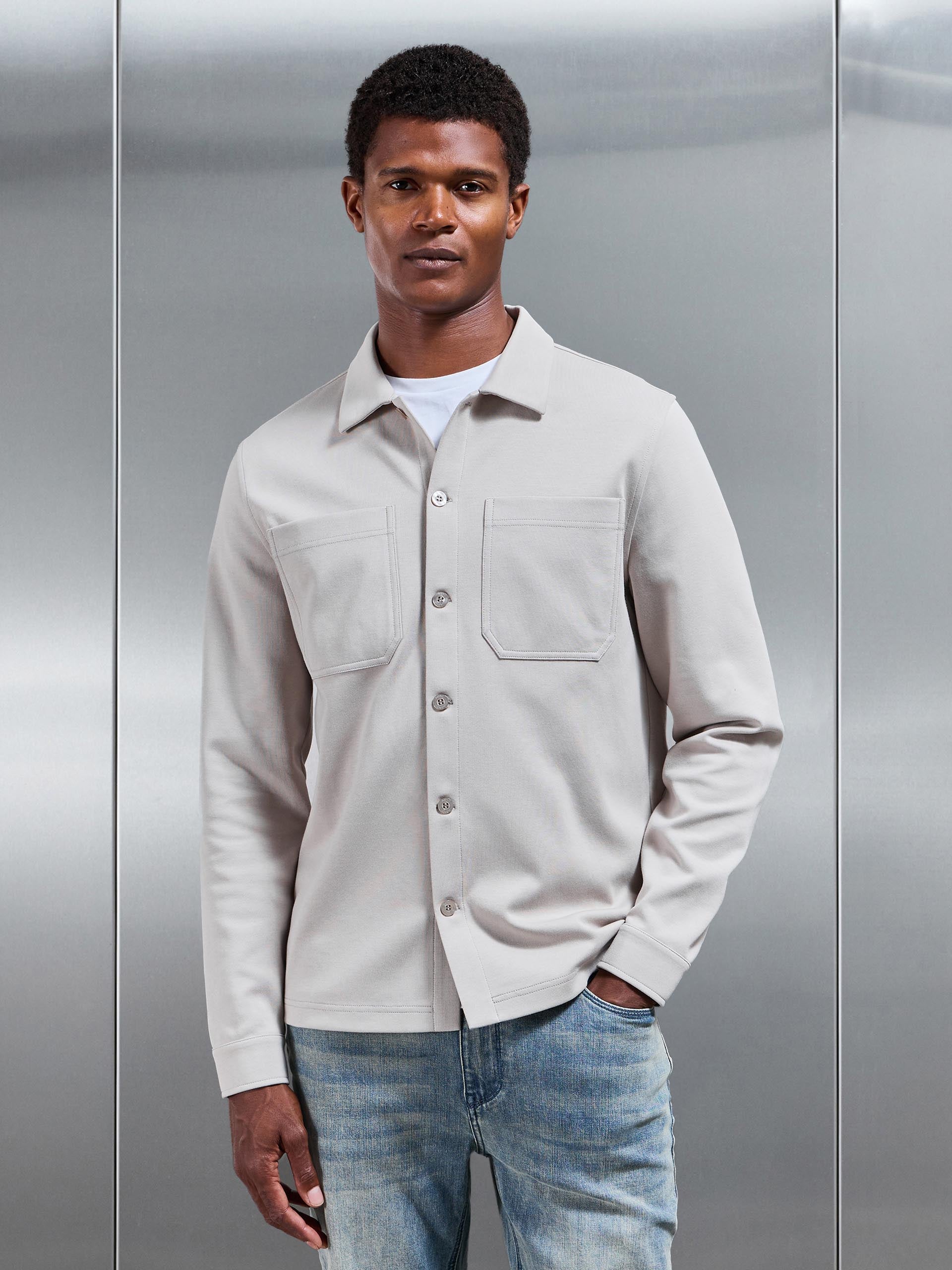 Mens Cotton Jersey Overshirt in Stone