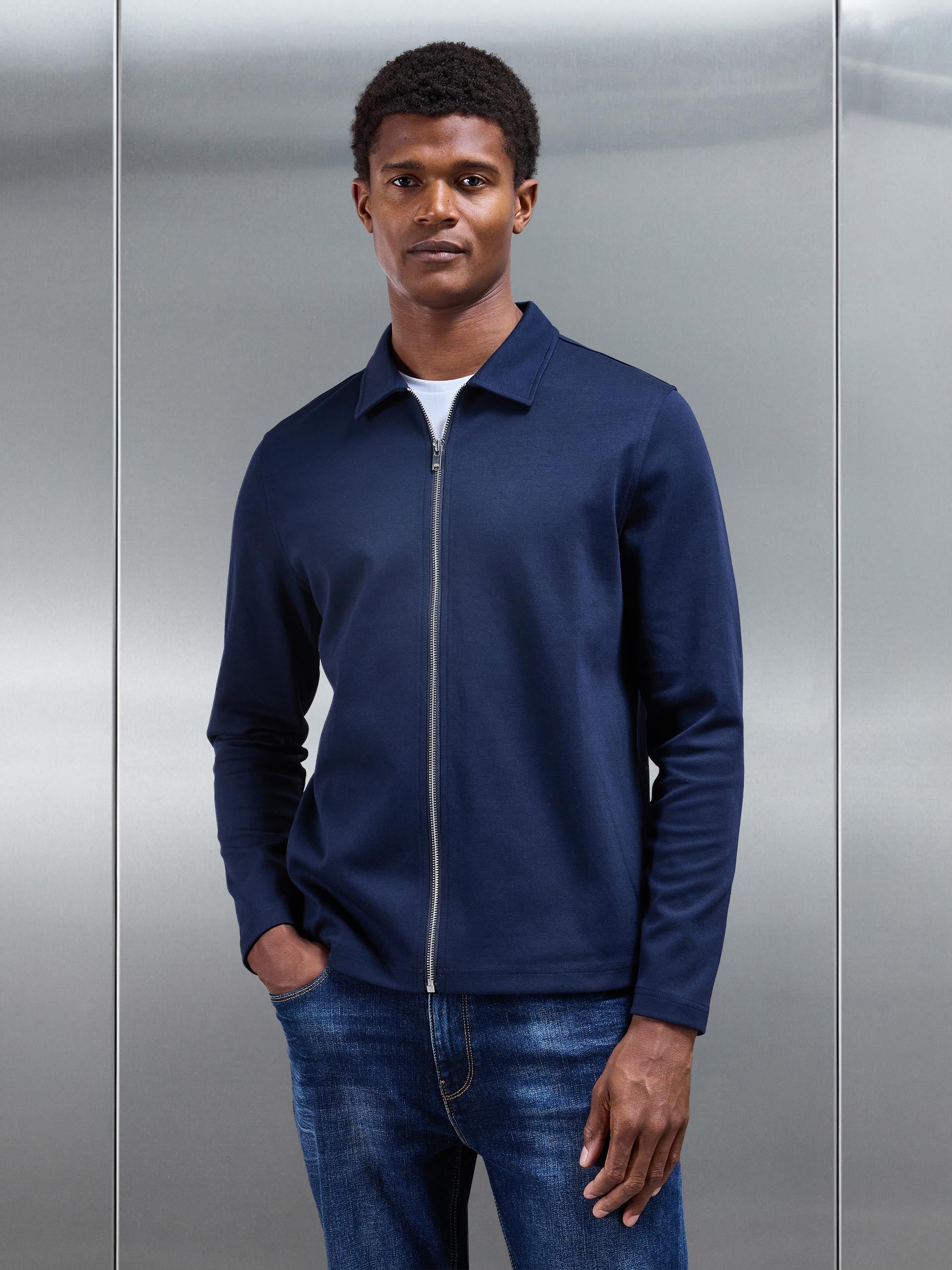Mens Cotton Jersey Zip Through Overshirt in Navy