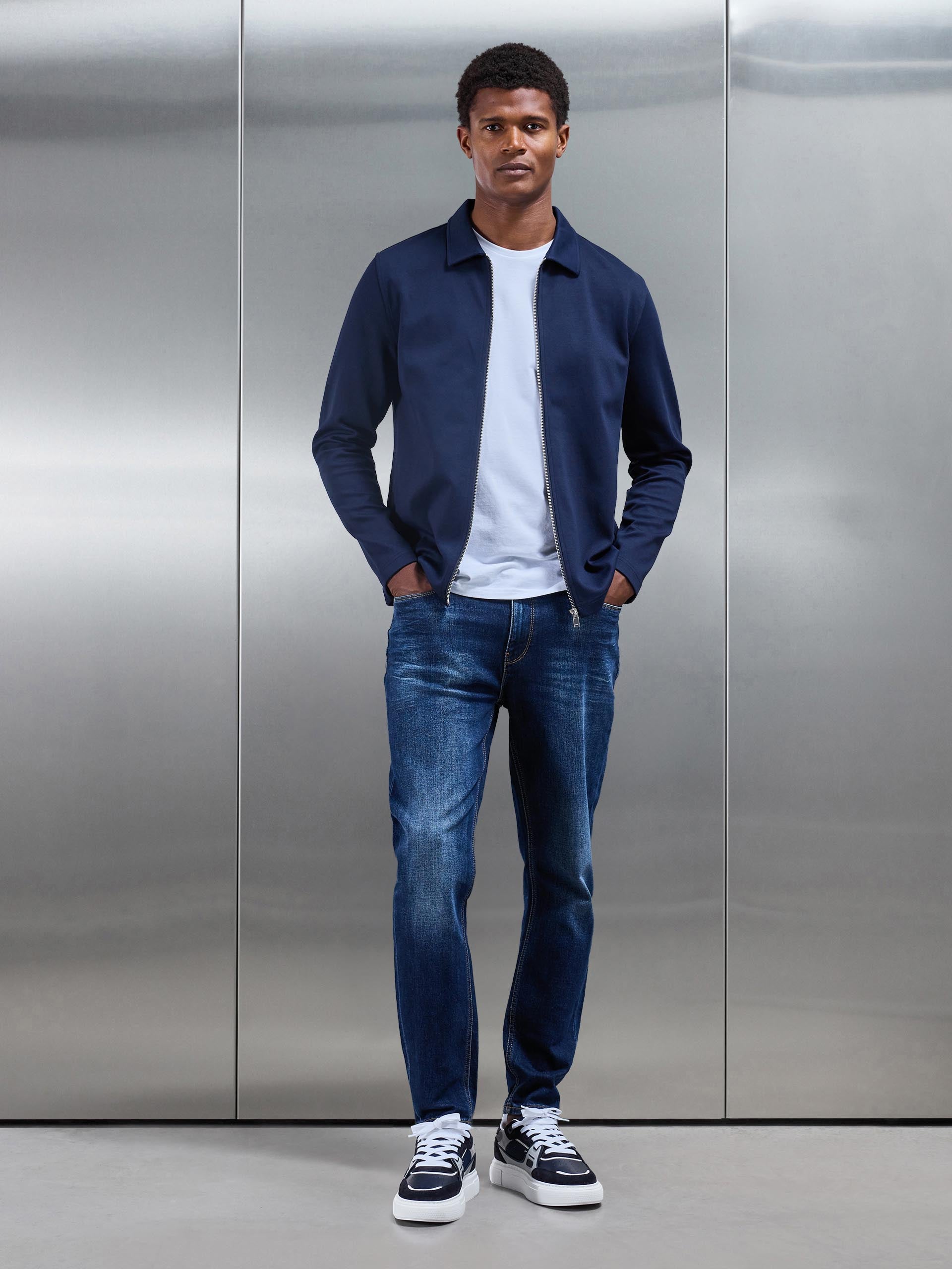 Mens Cotton Jersey Zip Through Overshirt in Navy