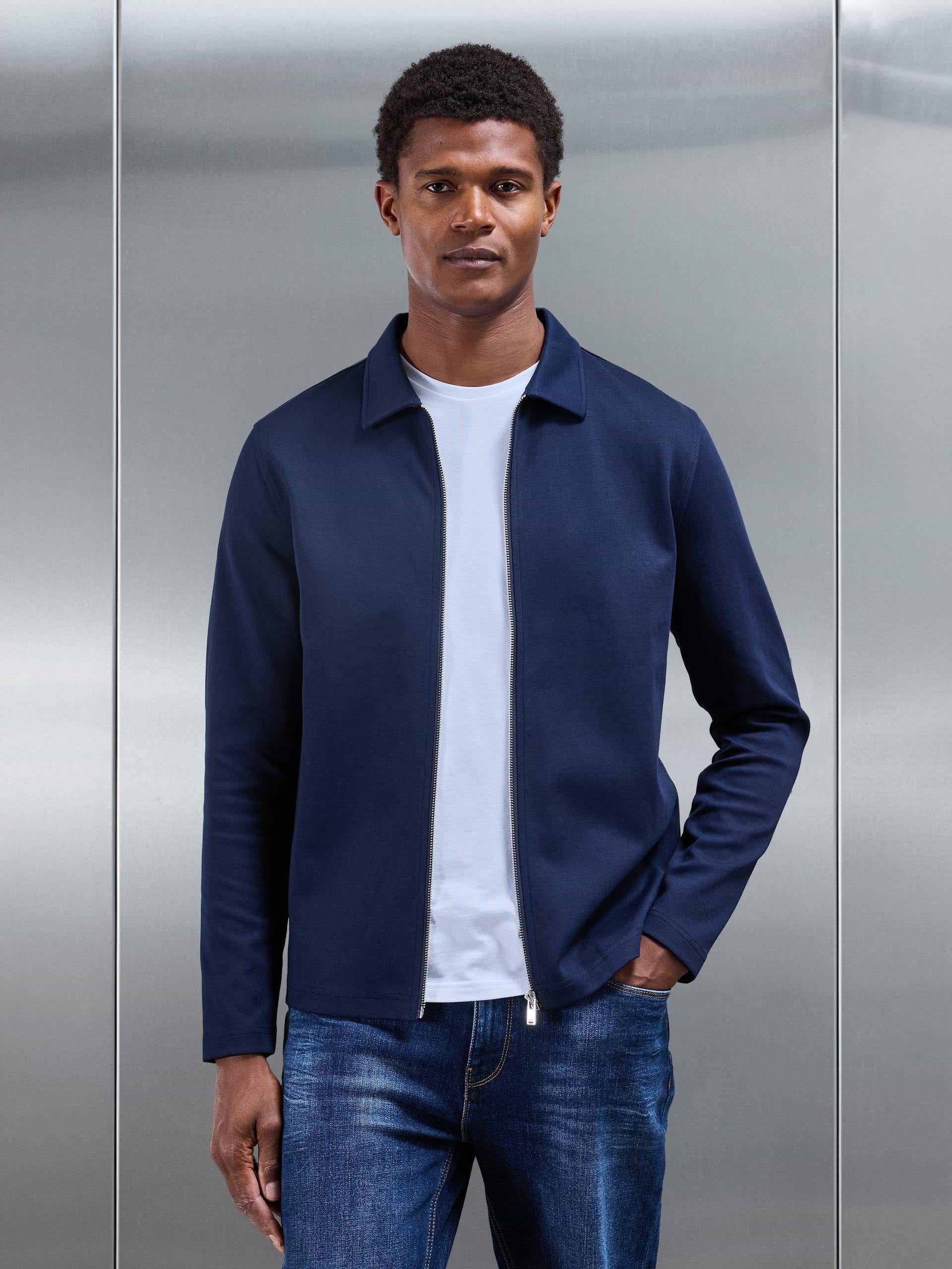 Cotton Jersey Zip Through Overshirt in Navy