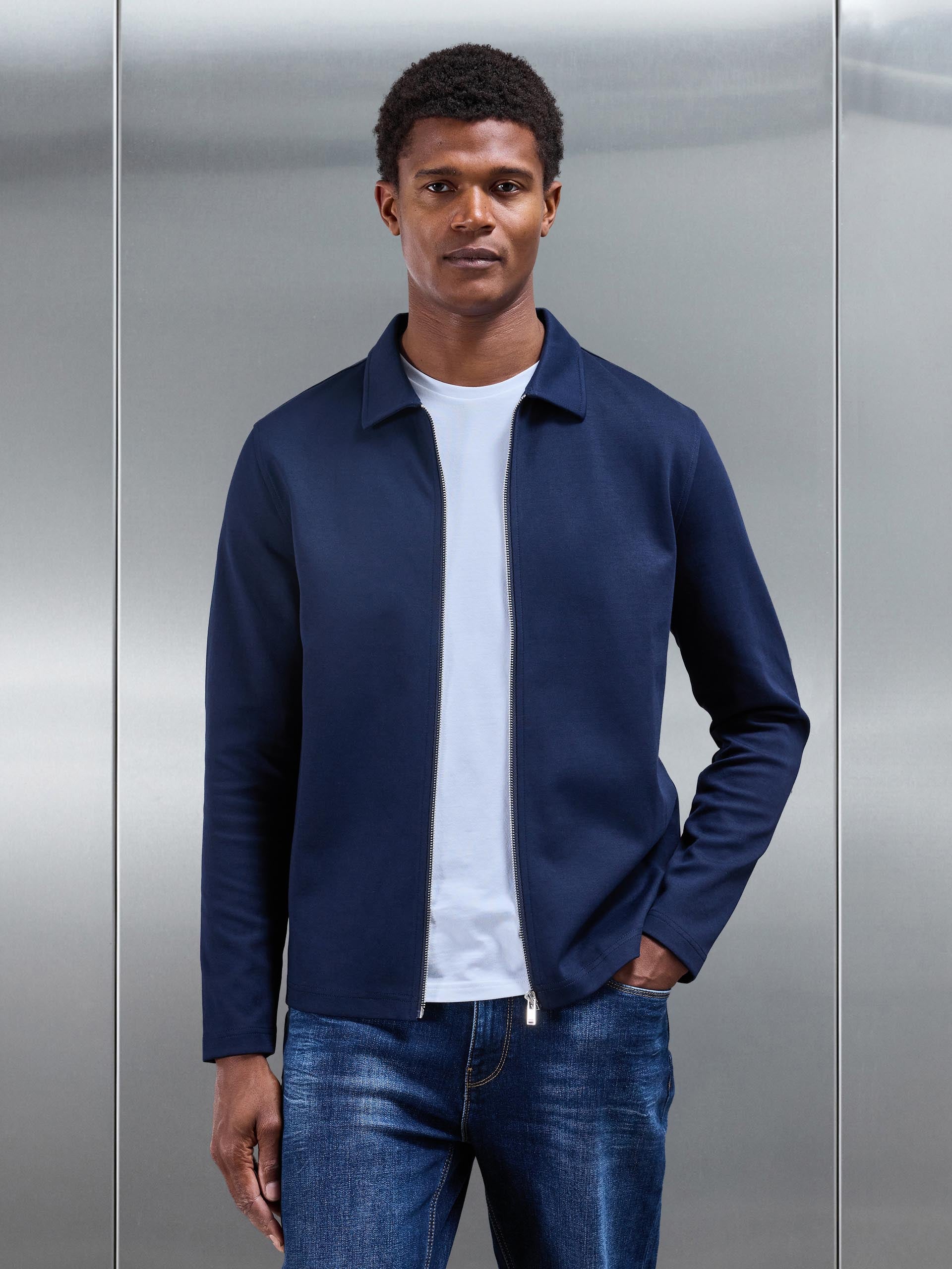 Mens Cotton Jersey Zip Through Overshirt in Navy
