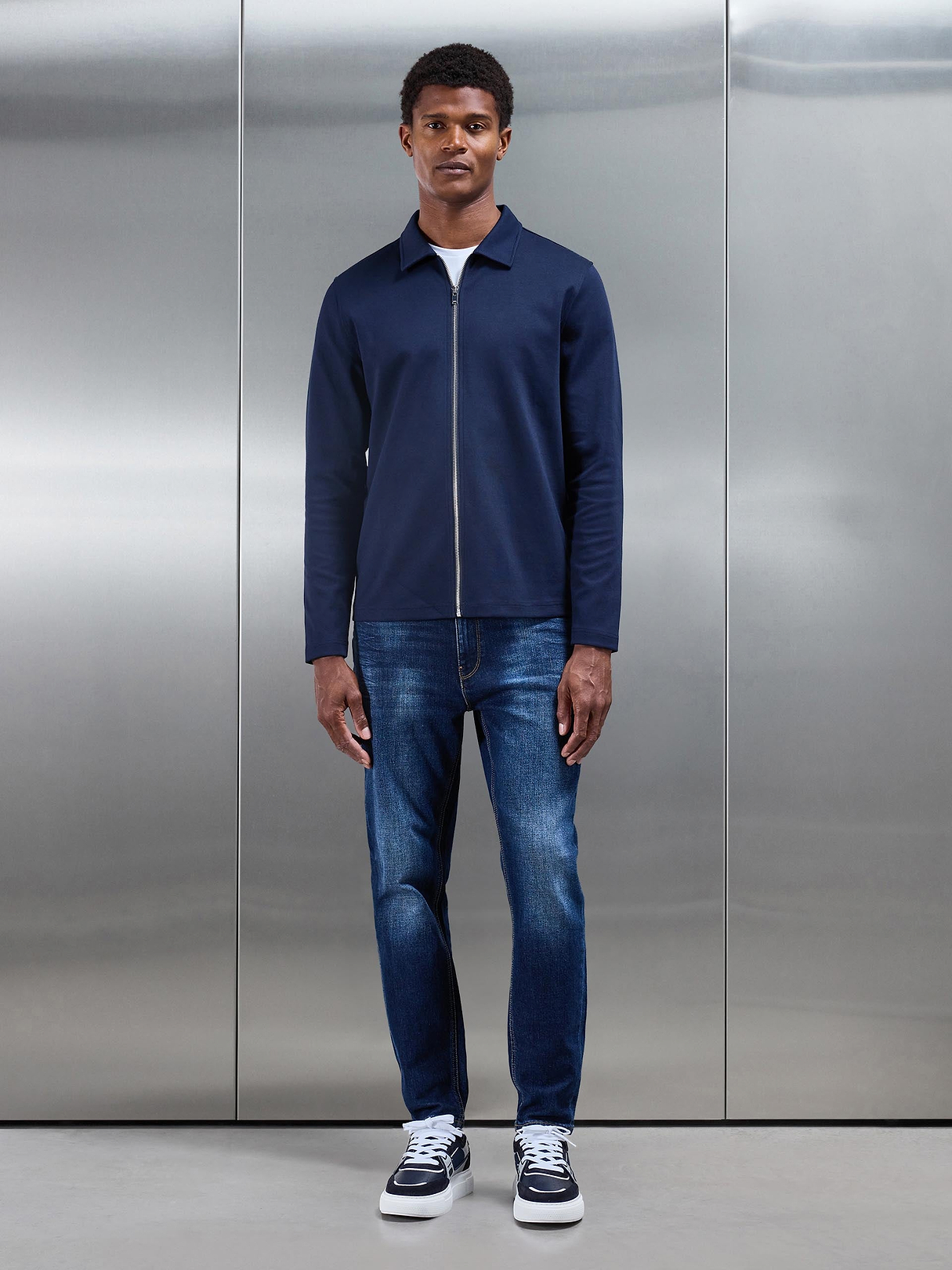 Cotton Jersey Zip Through Overshirt in Navy | ARNE US