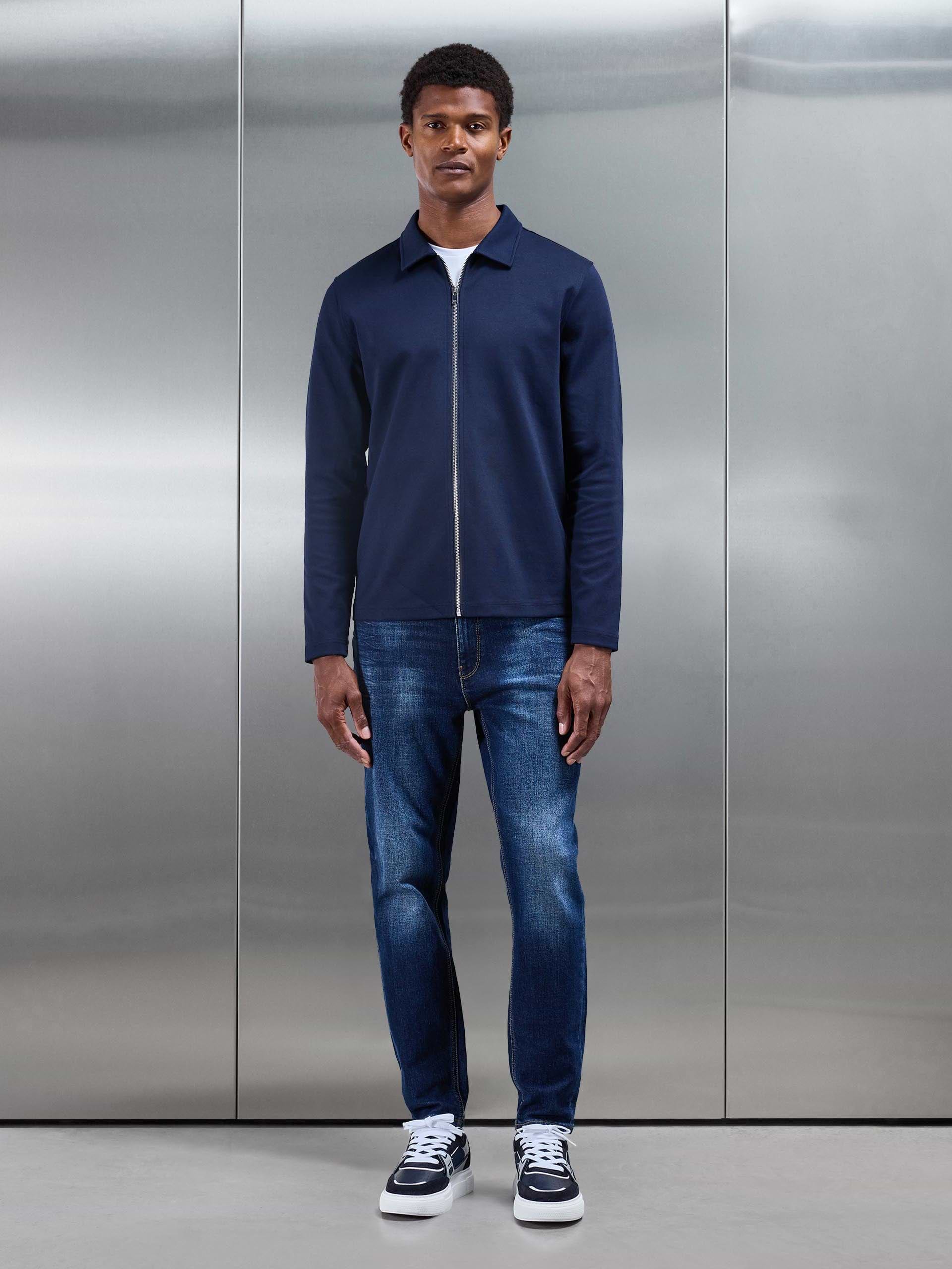 Cotton Jersey Zip Through Overshirt in Navy