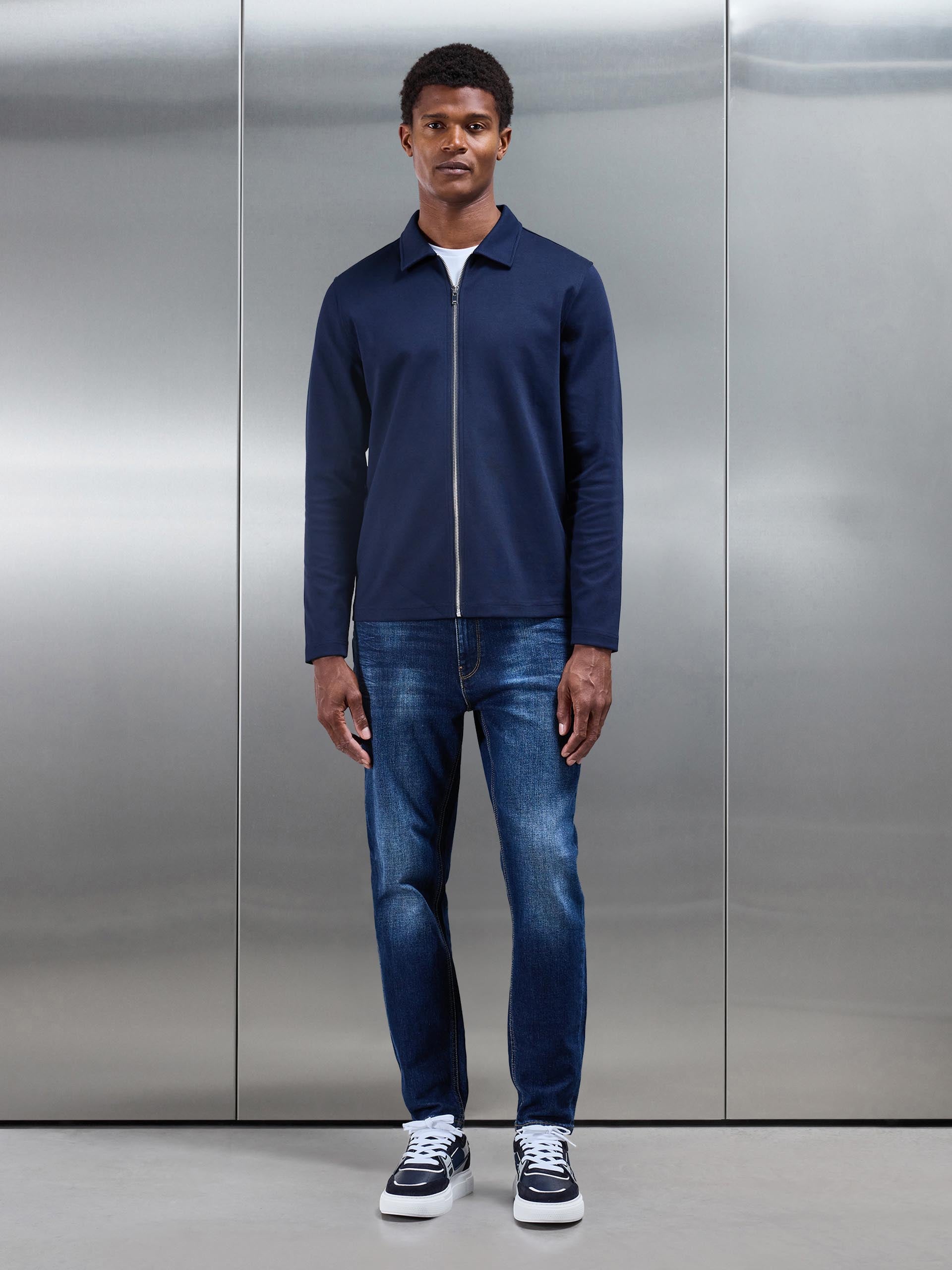 Mens Cotton Jersey Zip Through Overshirt in Navy
