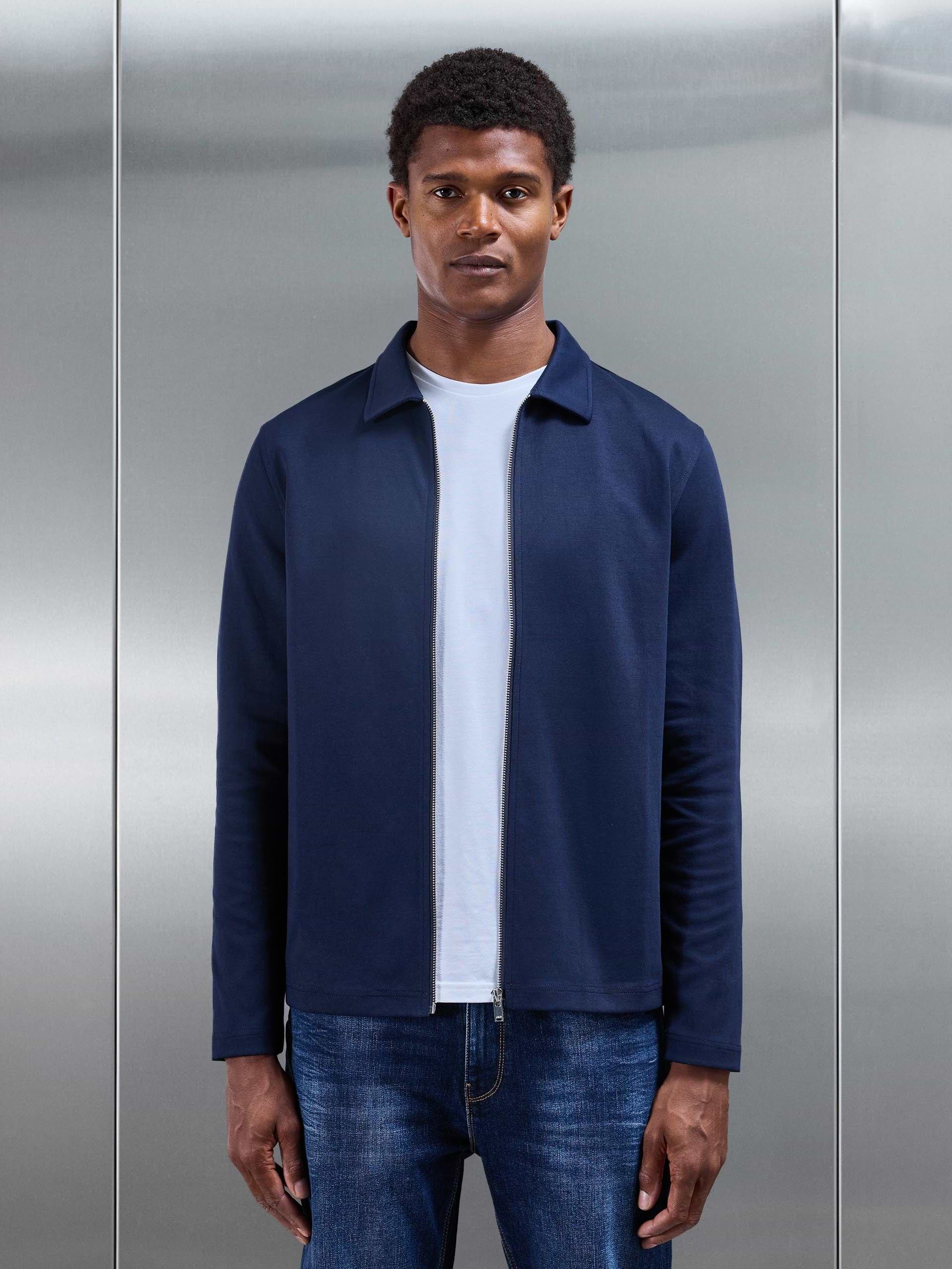 Cotton Jersey Zip Through Overshirt in Navy