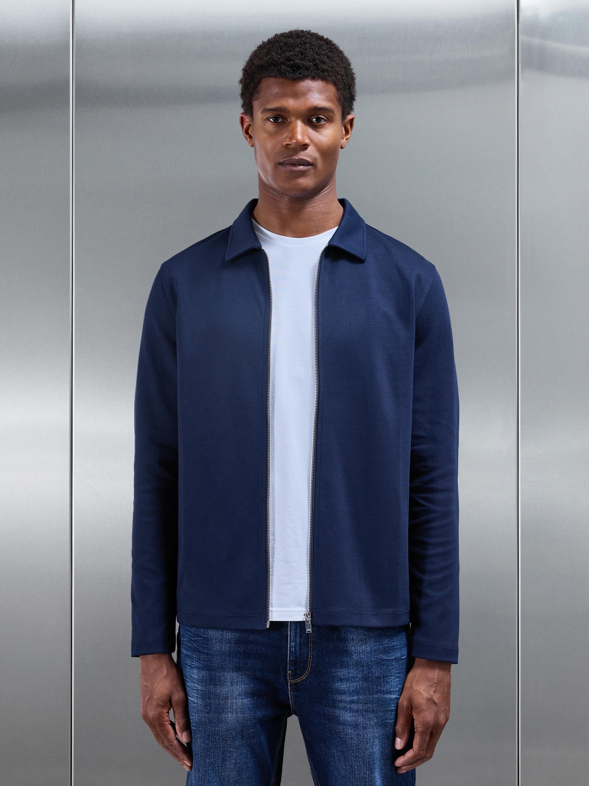 Mens Cotton Jersey Zip Through Overshirt in Navy