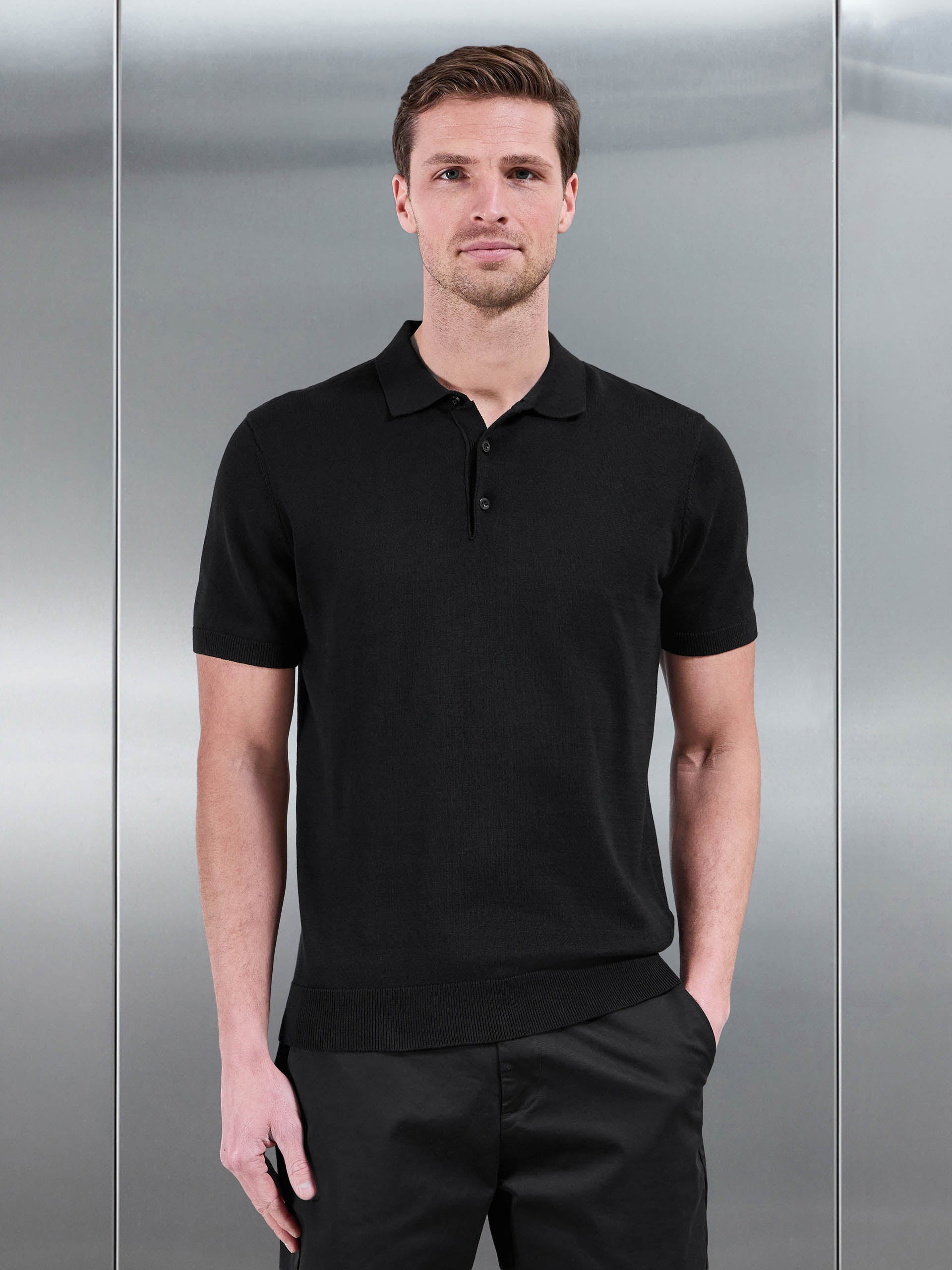Mens Cotton Knitted Button Polo Shirt in Black