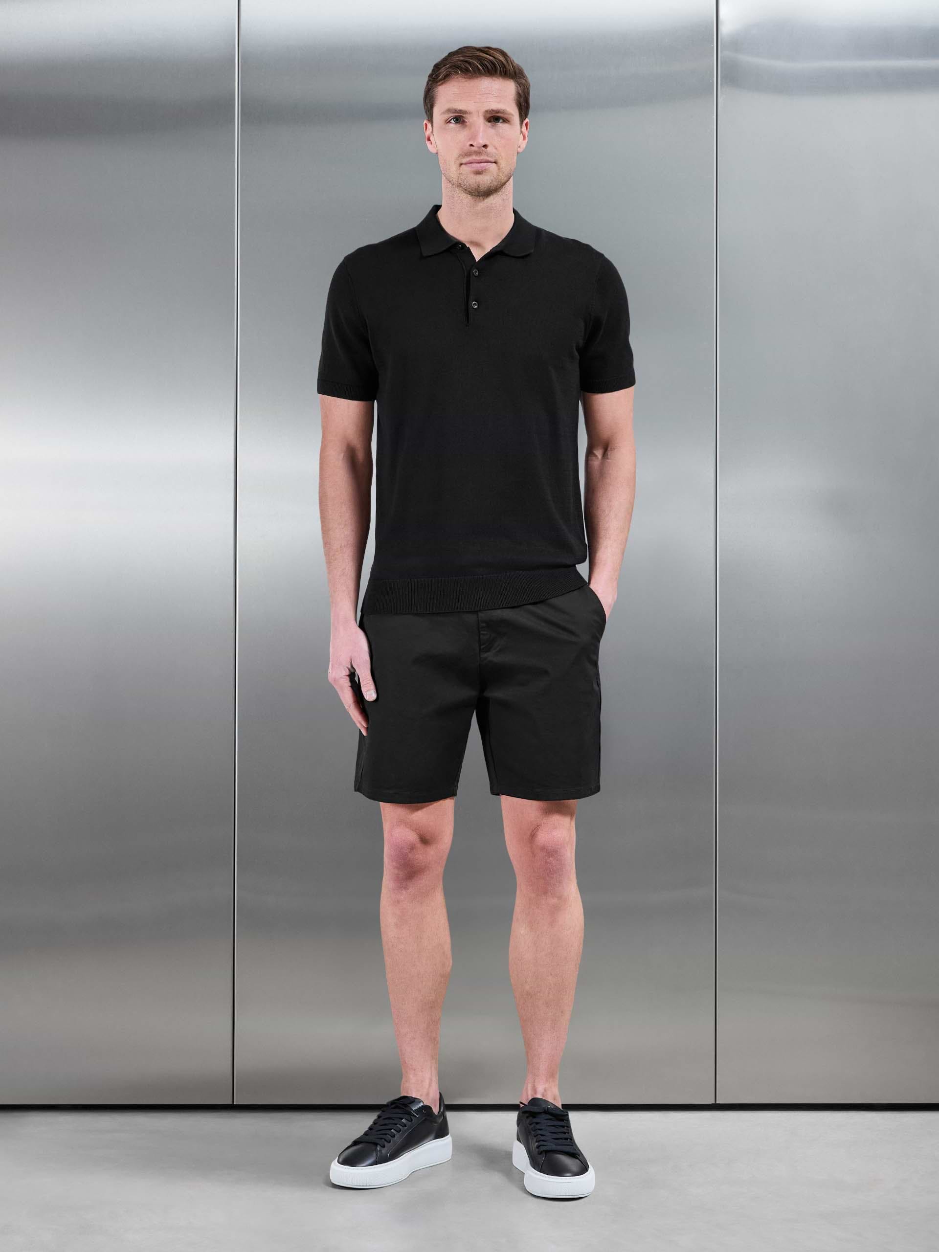 Mens Cotton Knitted Button Polo Shirt in Black