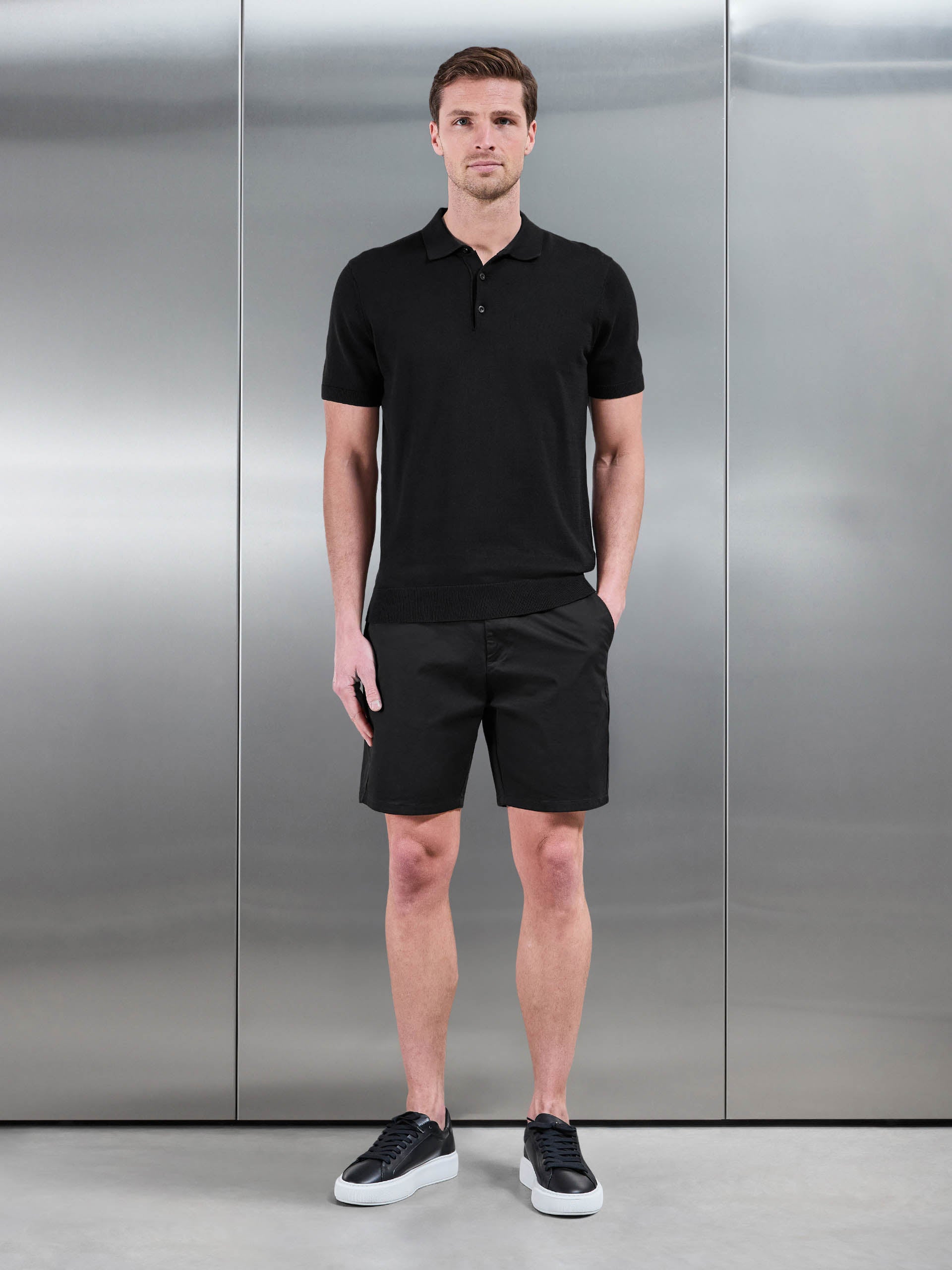 Mens Cotton Knitted Button Polo Shirt in Black