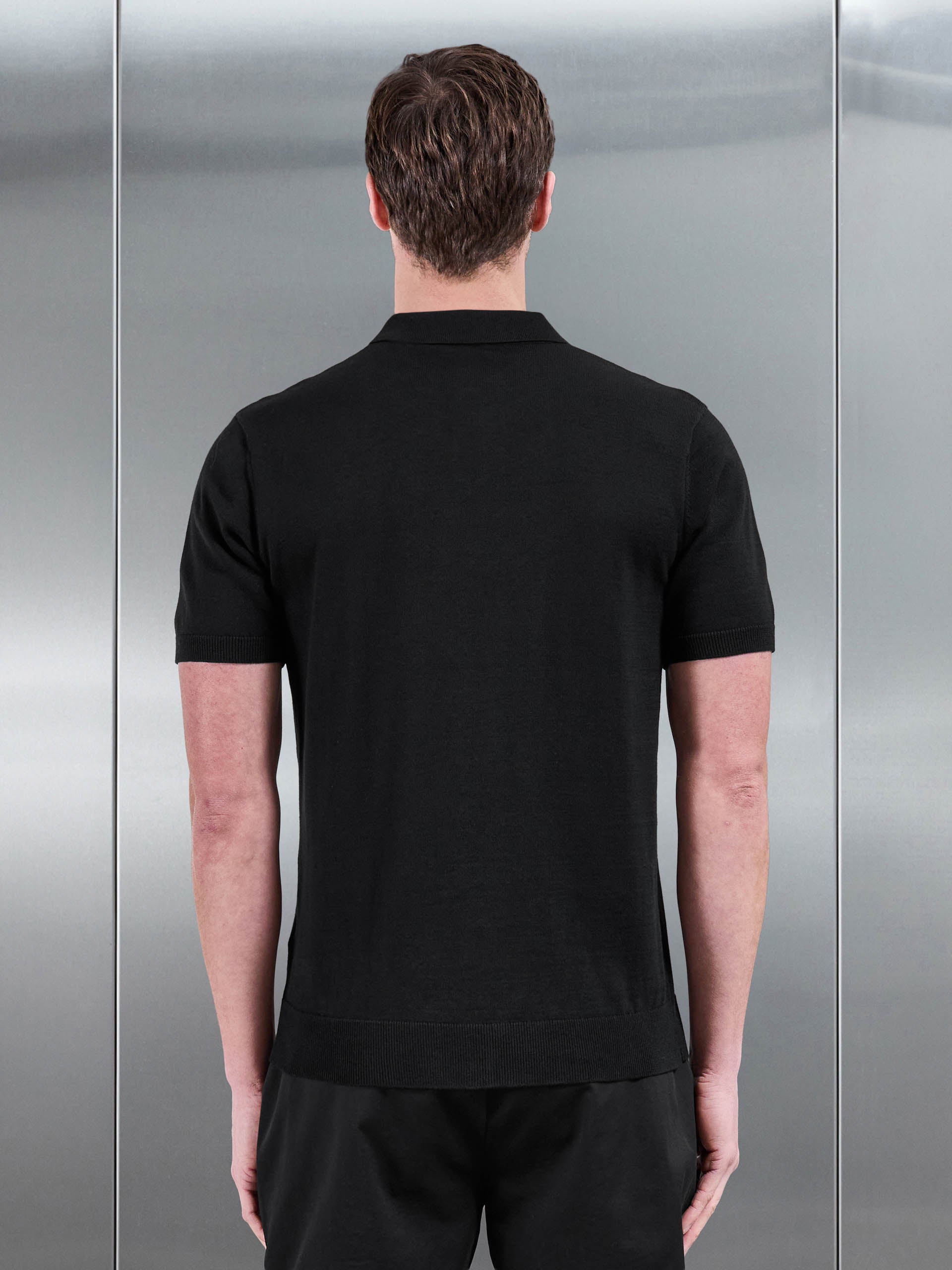 Mens Cotton Knitted Button Polo Shirt in Black