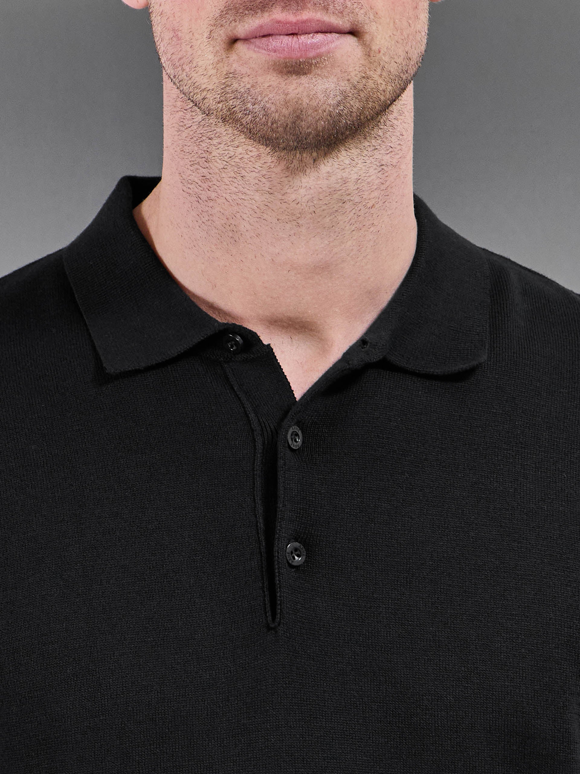Mens Cotton Knitted Button Polo Shirt in Black