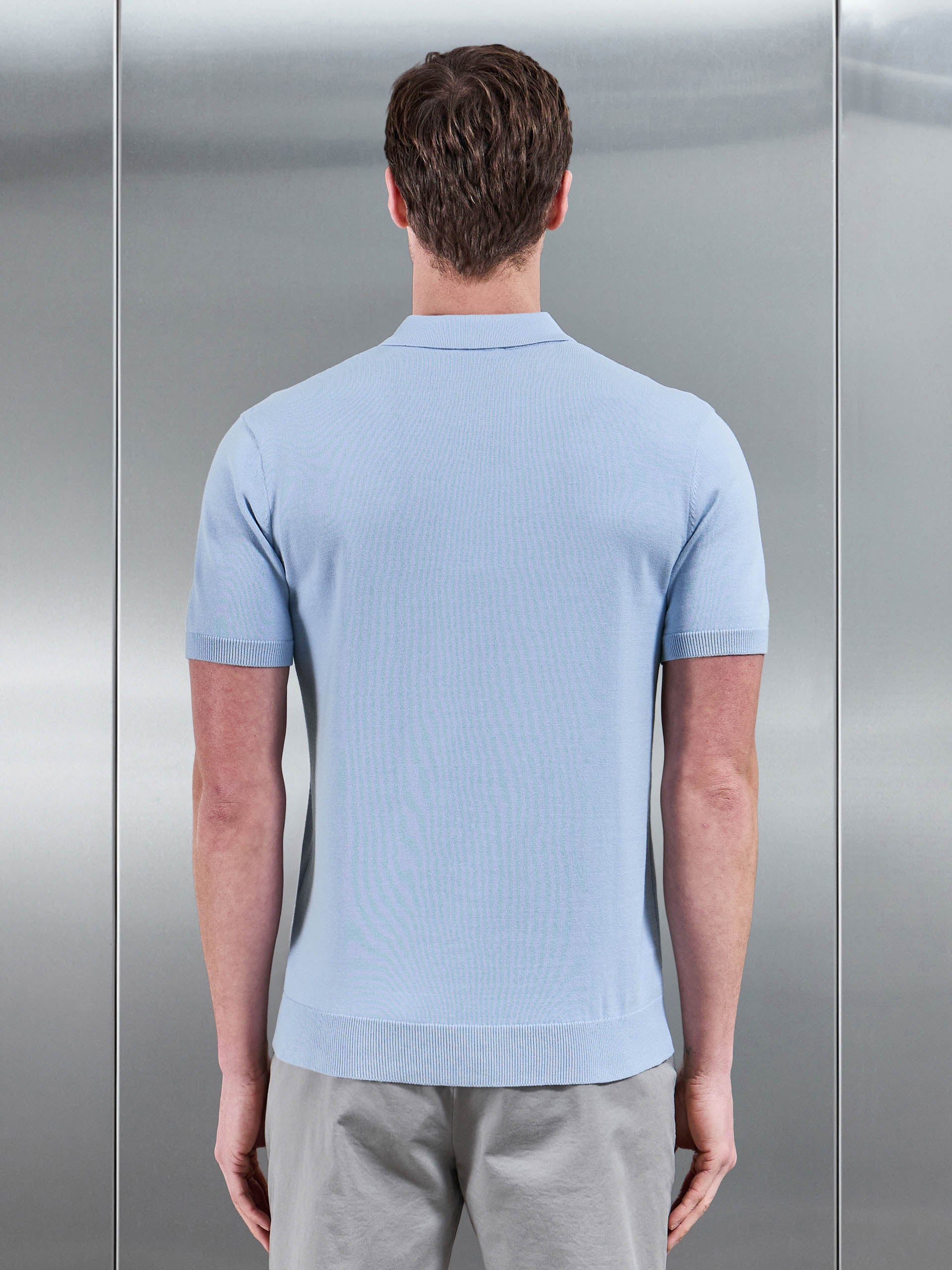 Mens Cotton Knitted Button Polo Shirt in Light Blue