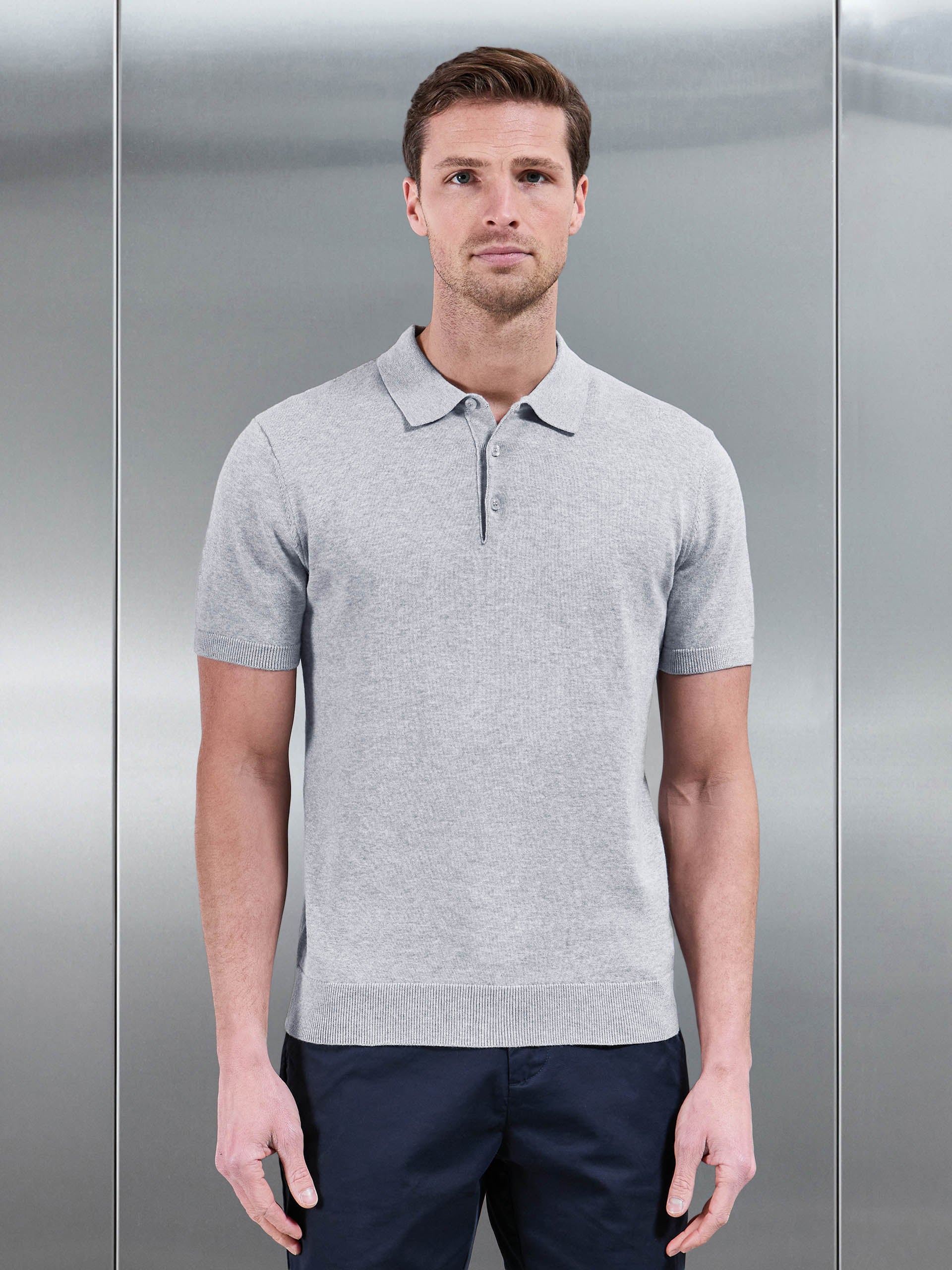 Mens Cotton Knitted Button Polo Shirt in Marl Grey