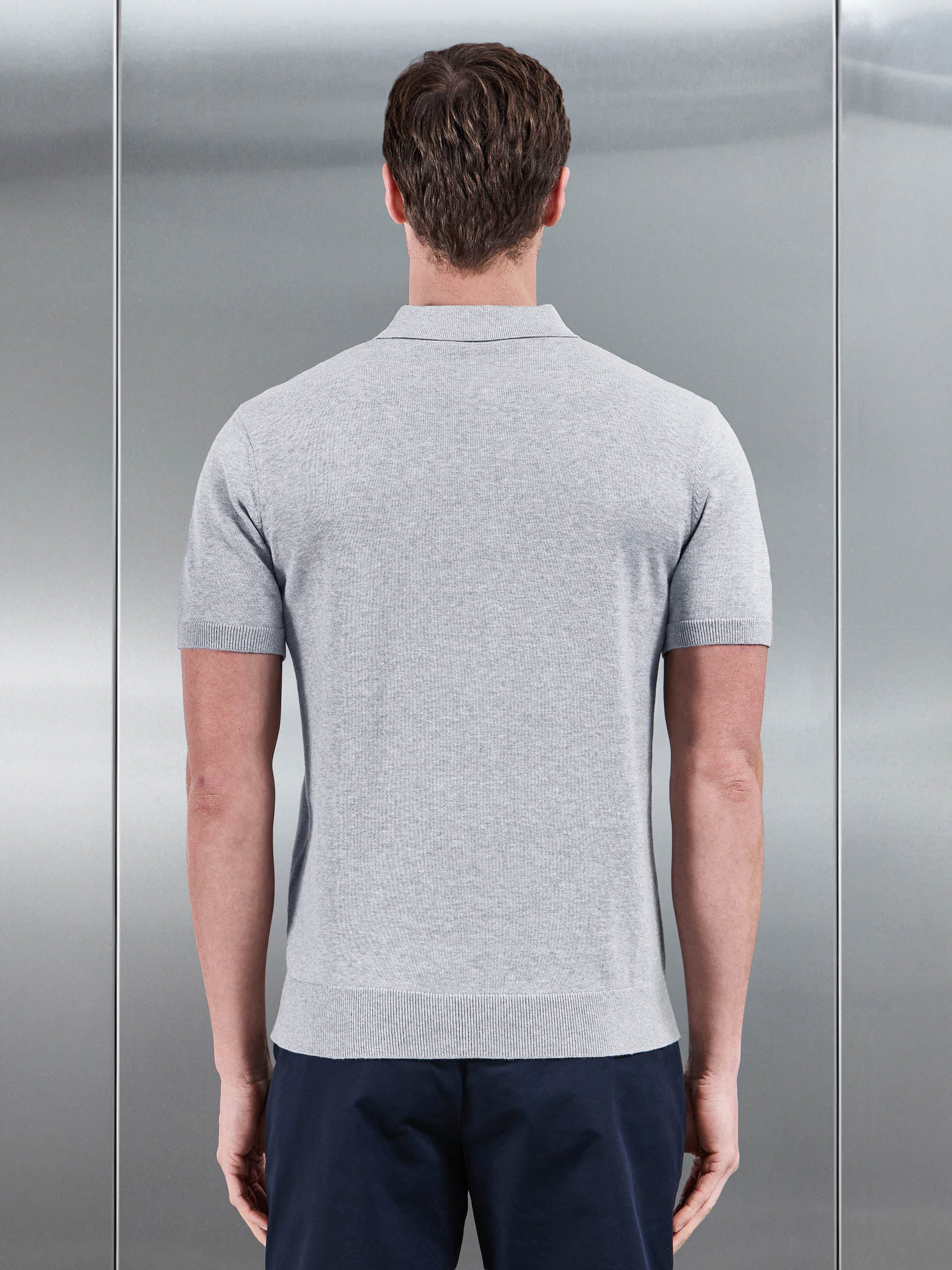 Mens Cotton Knitted Button Polo Shirt in Marl Grey