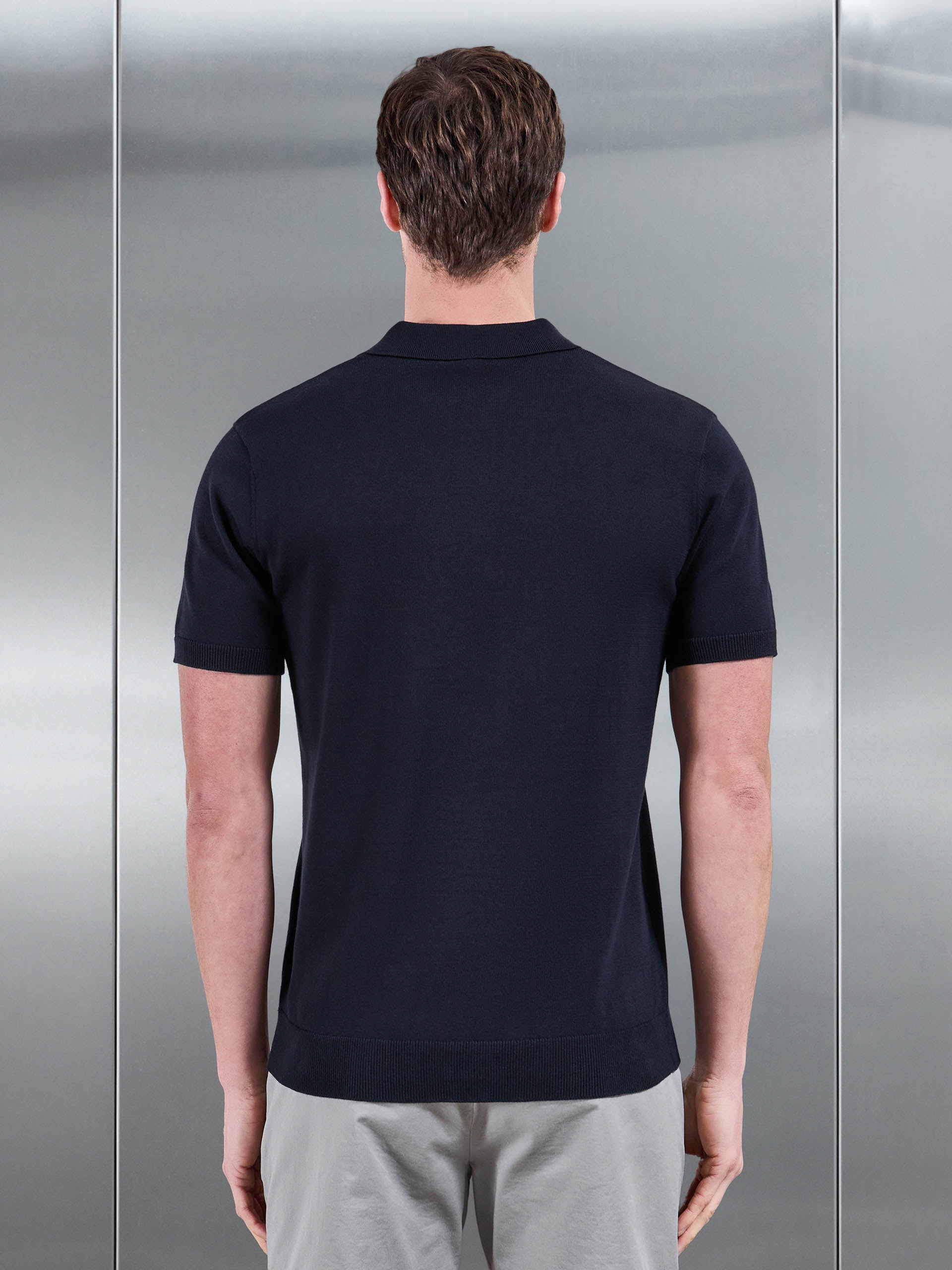 Mens Cotton Knitted Button Polo Shirt in Navy