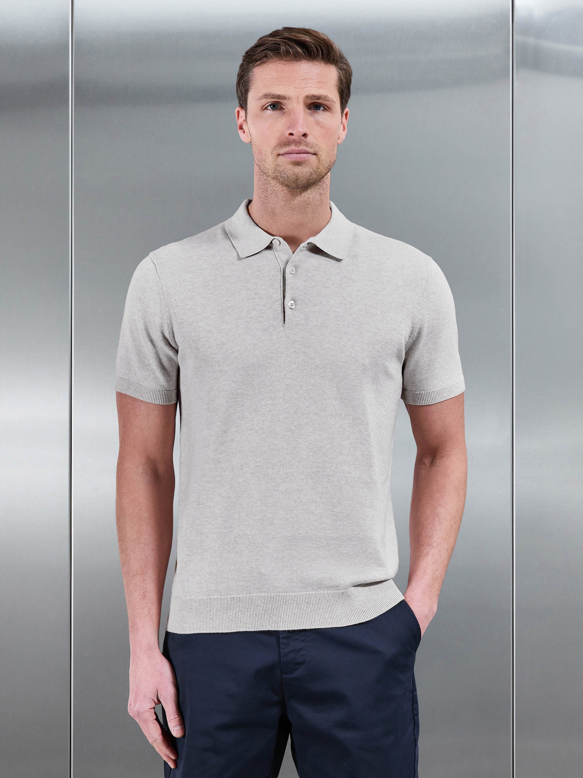 Mens Cotton Knitted Button Polo Shirt in Oatmeal