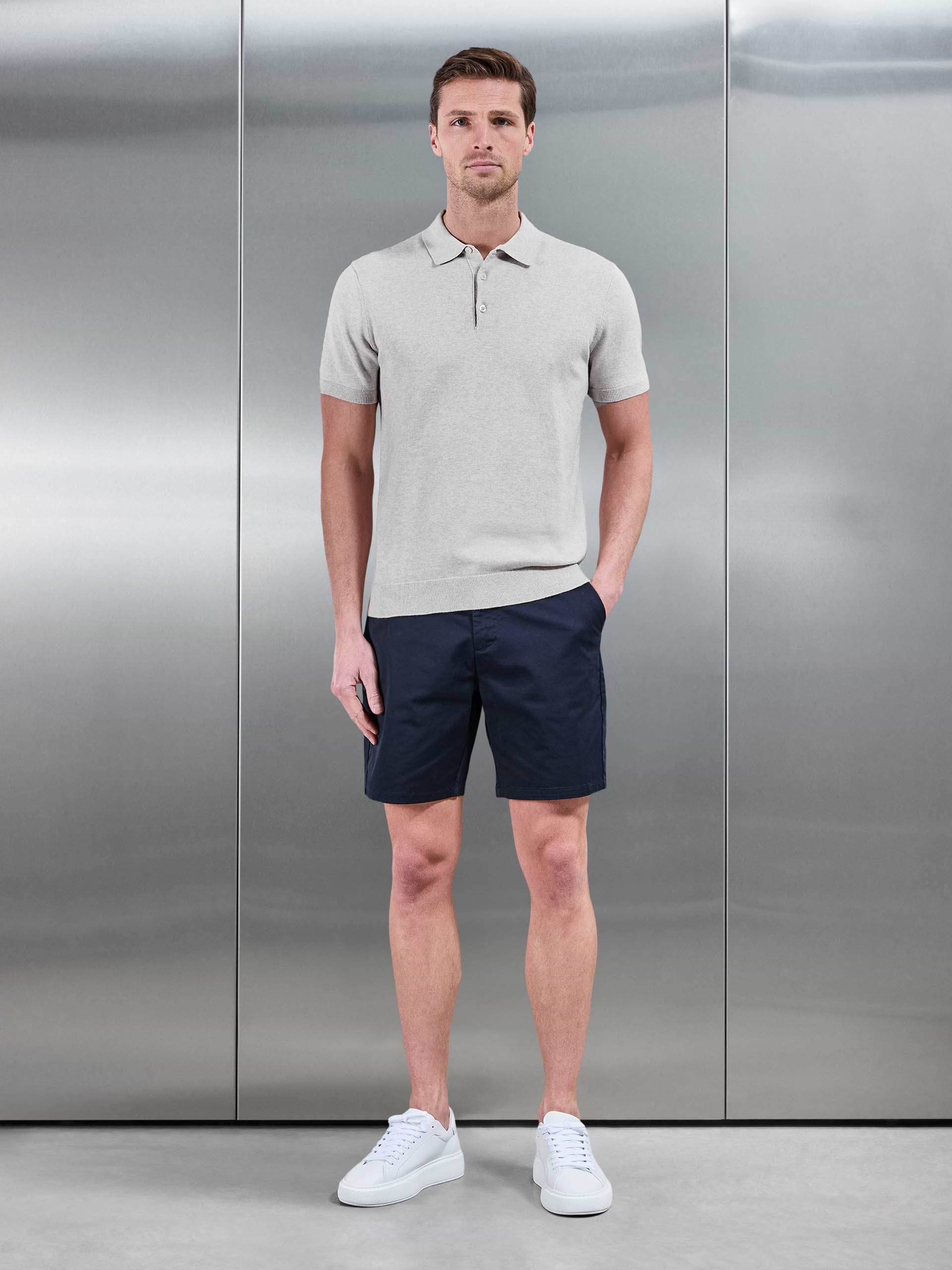 Mens Cotton Knitted Button Polo Shirt in Oatmeal