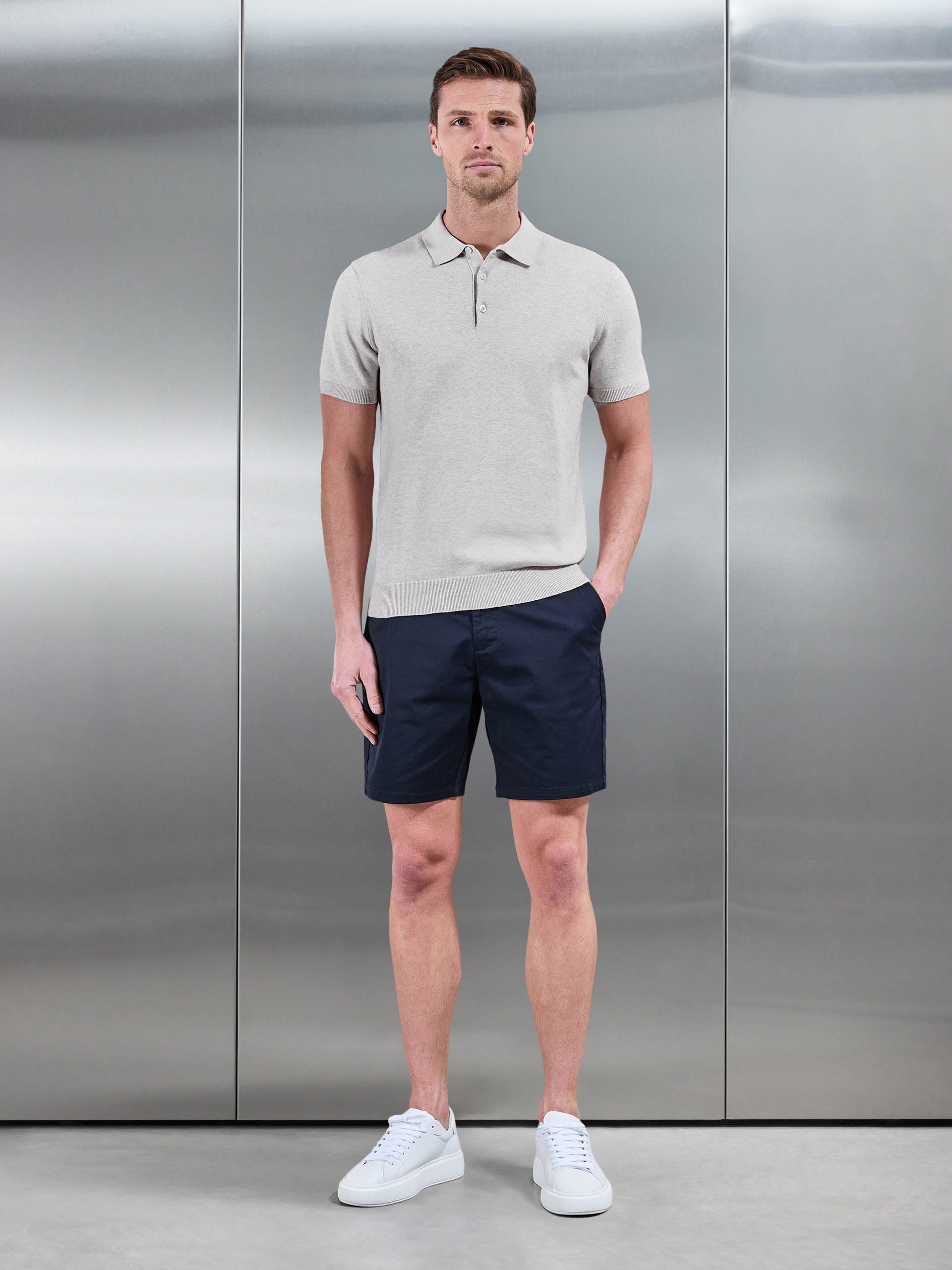 Mens Cotton Knitted Button Polo Shirt in Oatmeal
