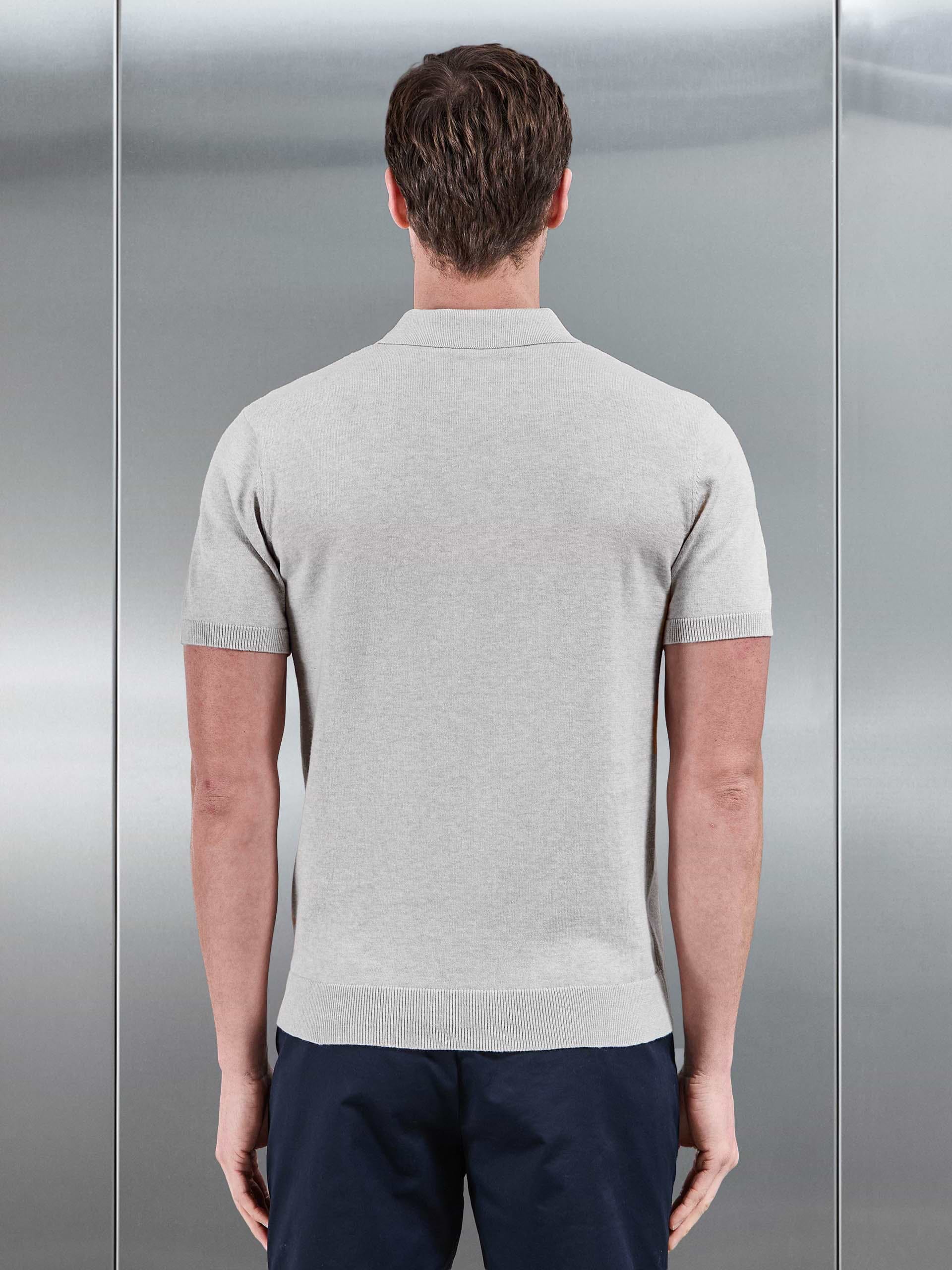Cotton Knitted Button Polo Shirt in Oatmeal