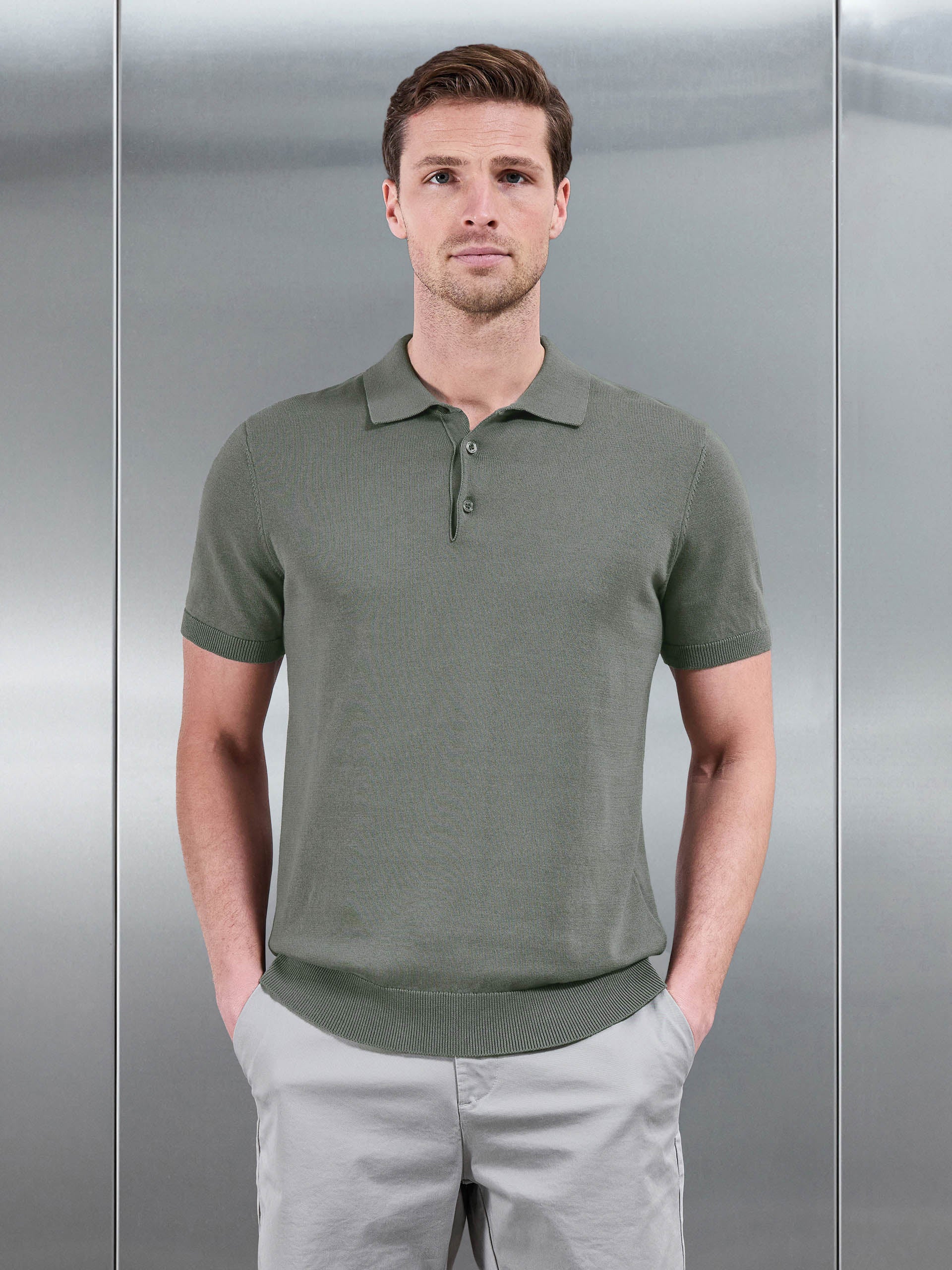 Mens Cotton Knitted Button Polo Shirt in Sage