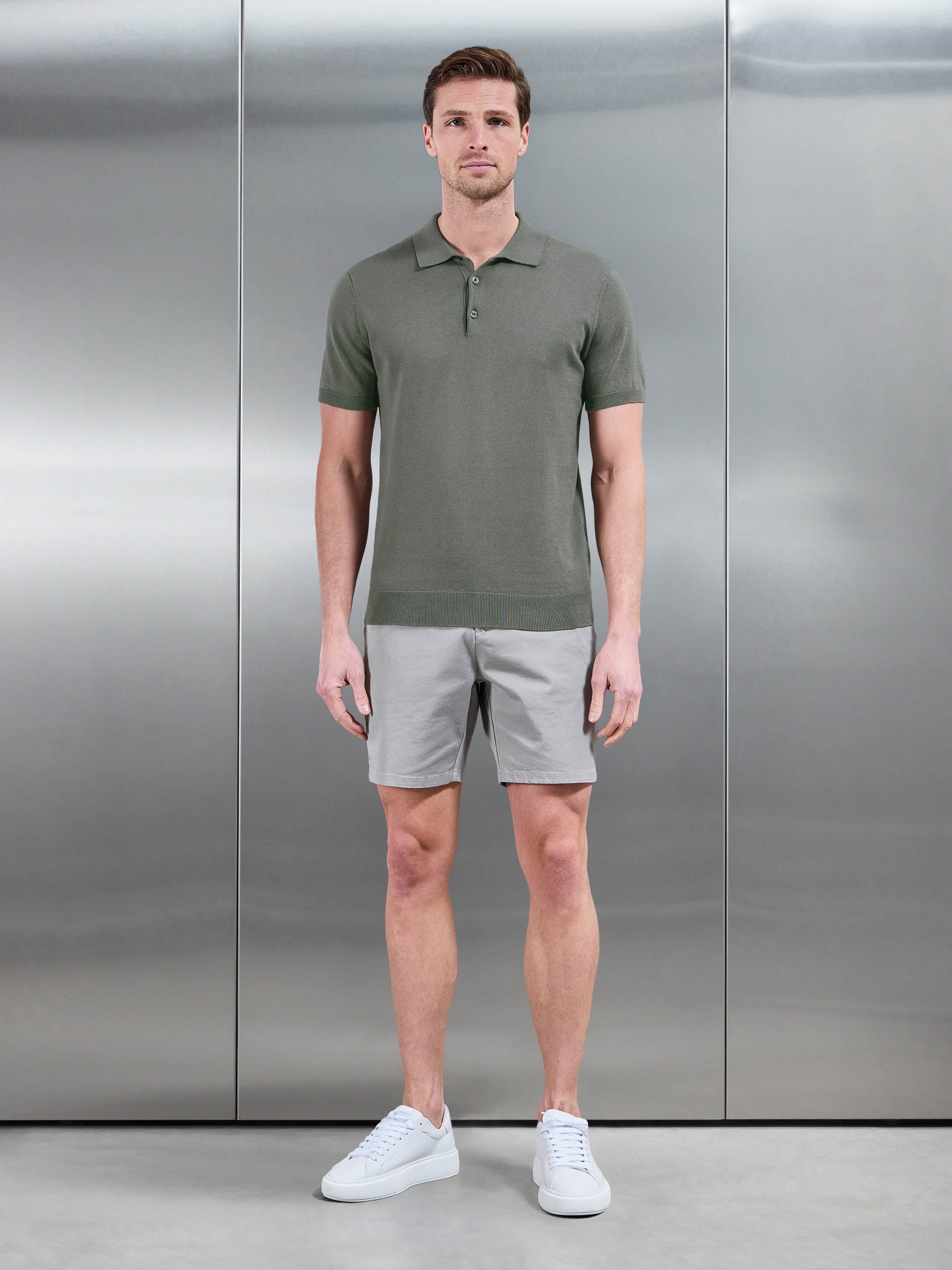Mens Cotton Knitted Button Polo Shirt in Sage