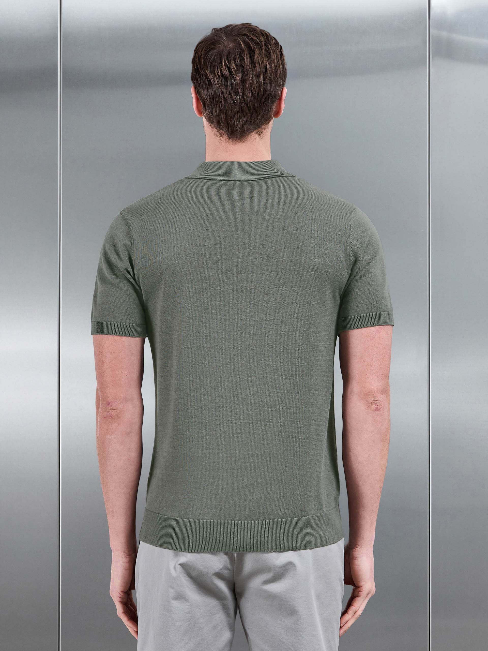 Mens Cotton Knitted Button Polo Shirt in Sage