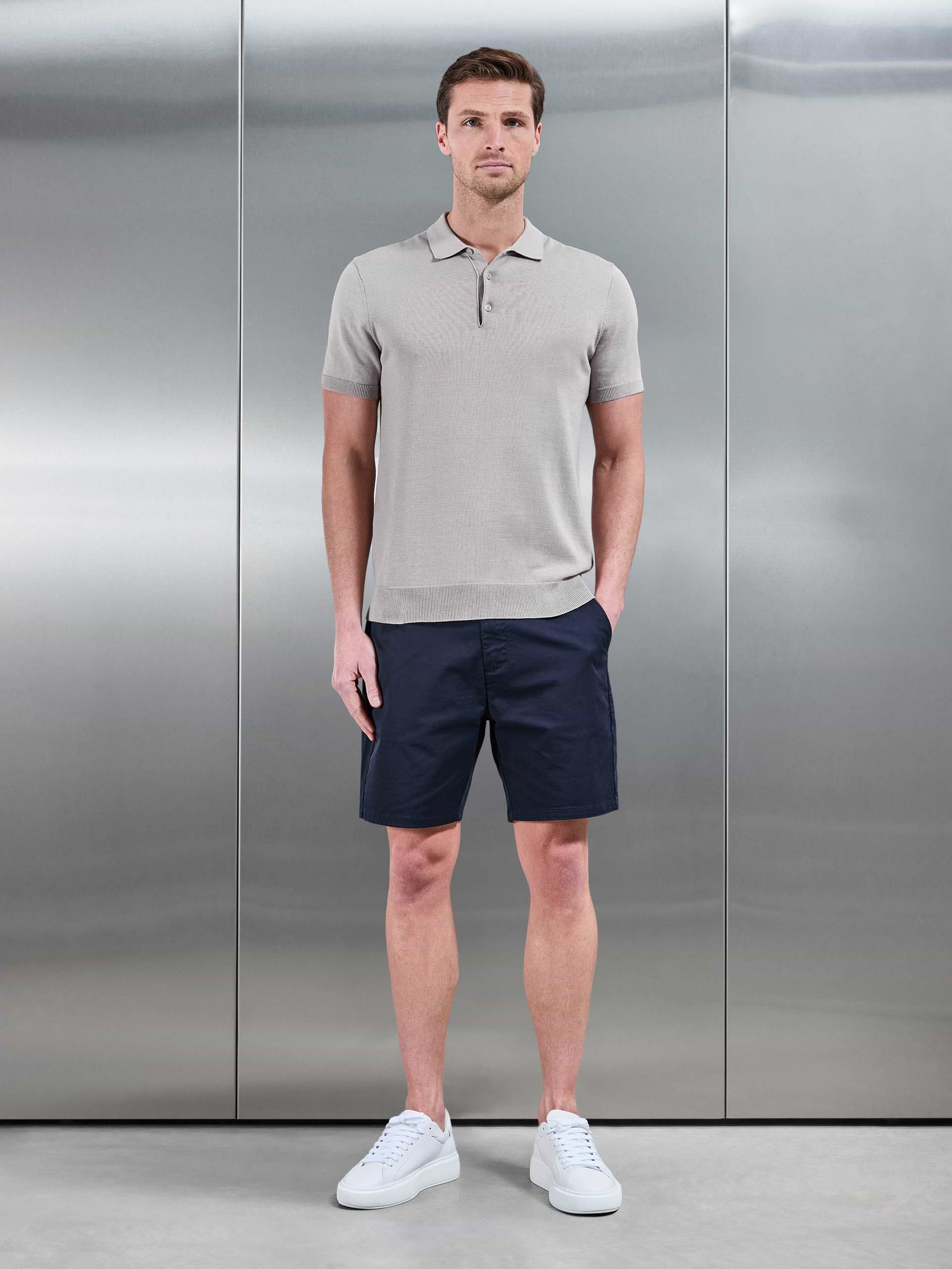 Mens Cotton Knitted Button Polo Shirt in Stone