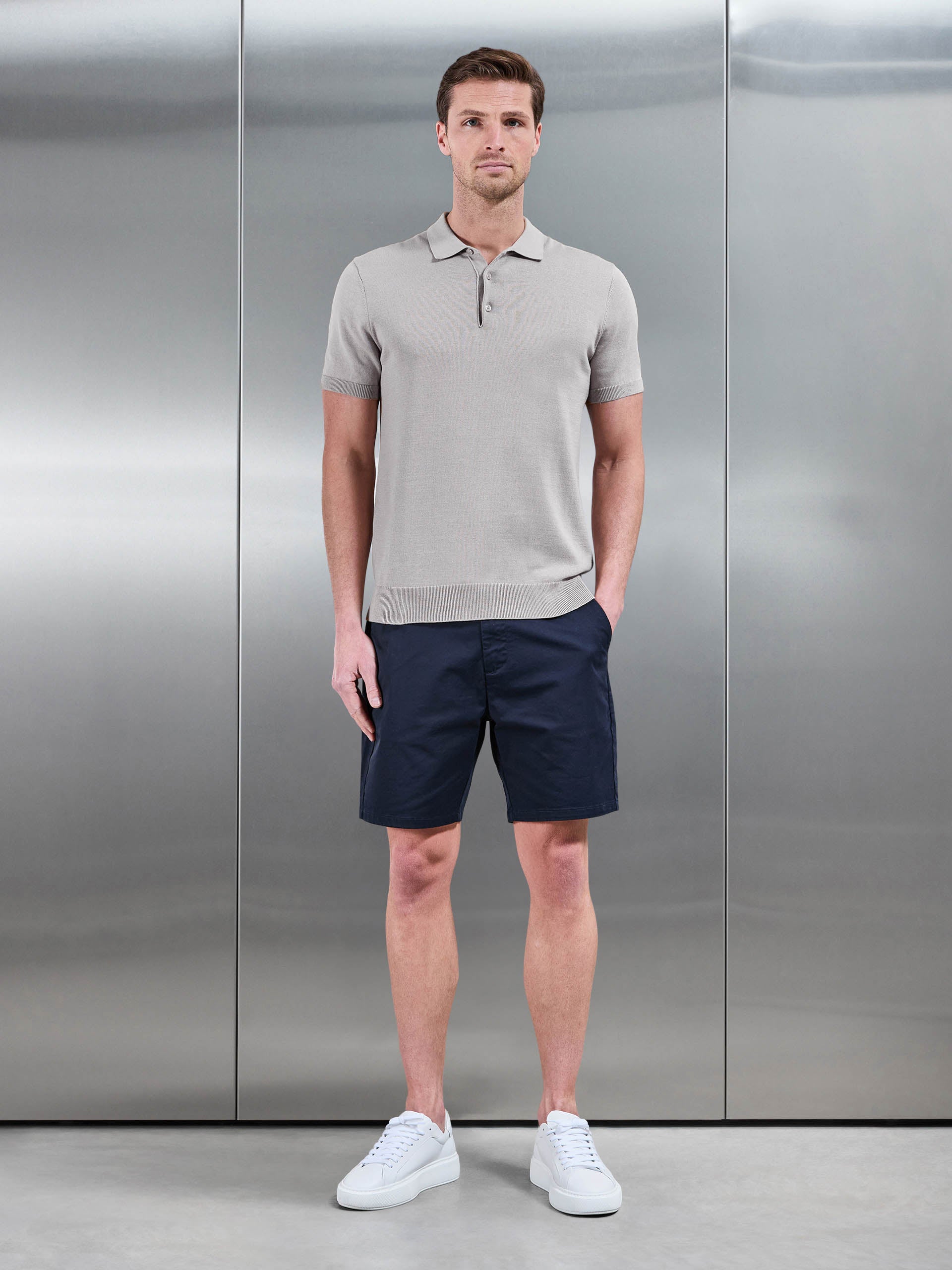 Mens Cotton Knitted Button Polo Shirt in Stone