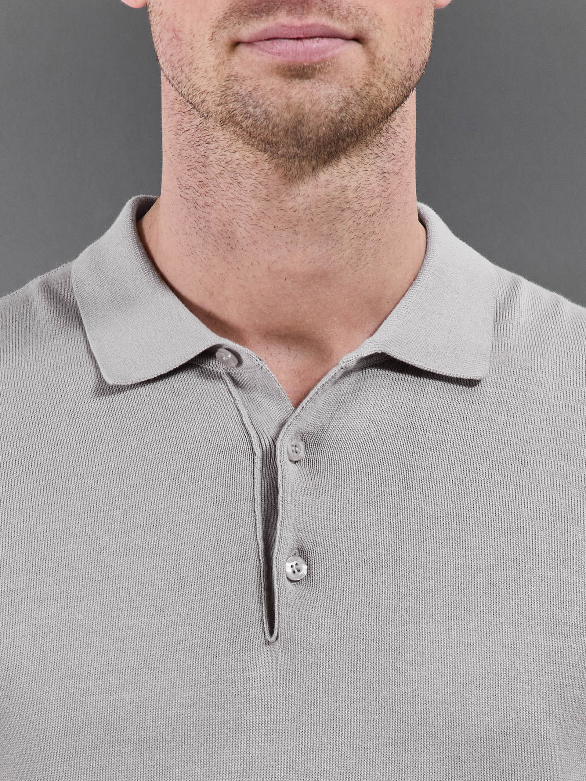 Mens Cotton Knitted Button Polo Shirt in Stone