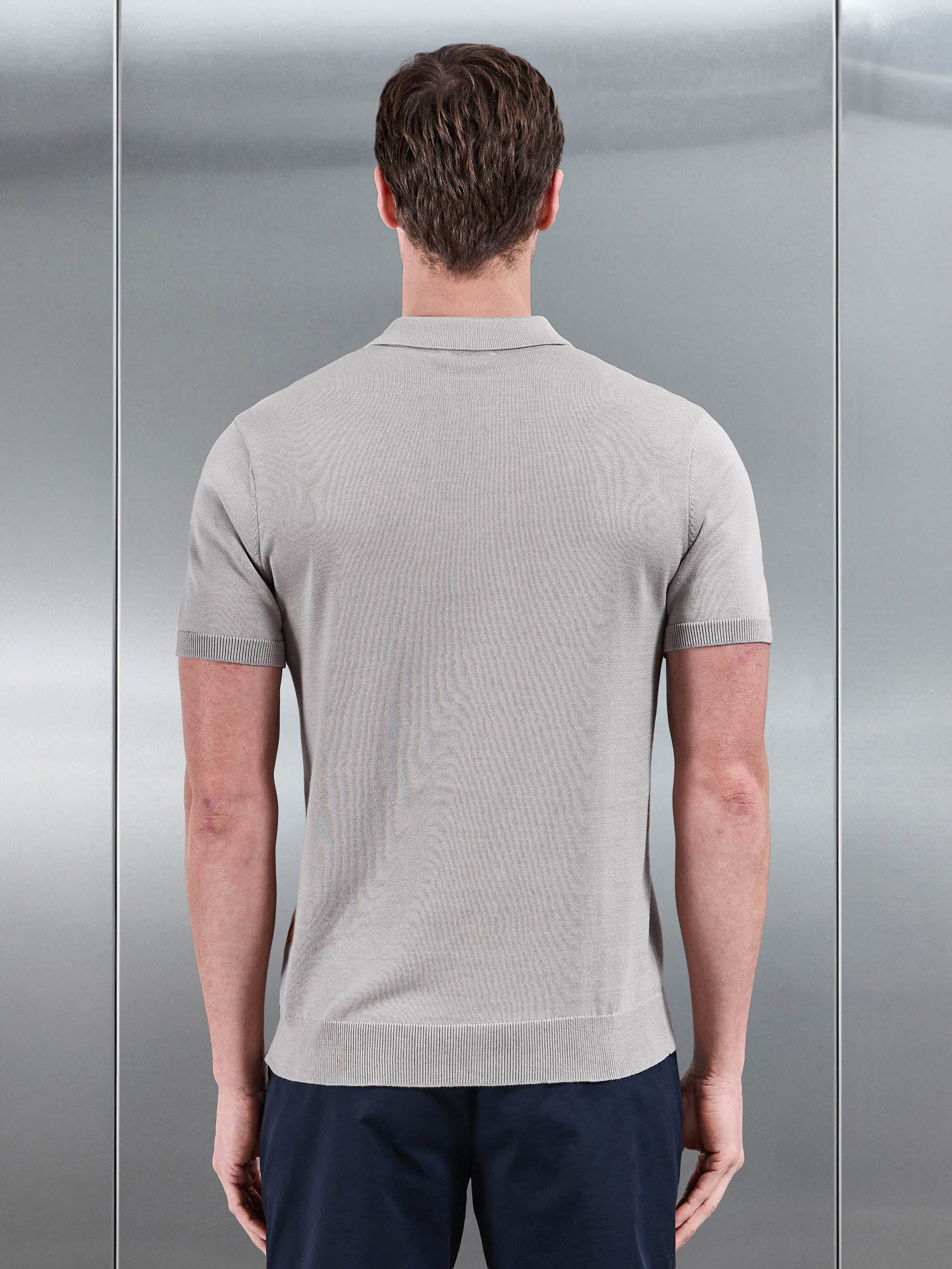 Mens Cotton Knitted Button Polo Shirt in Stone