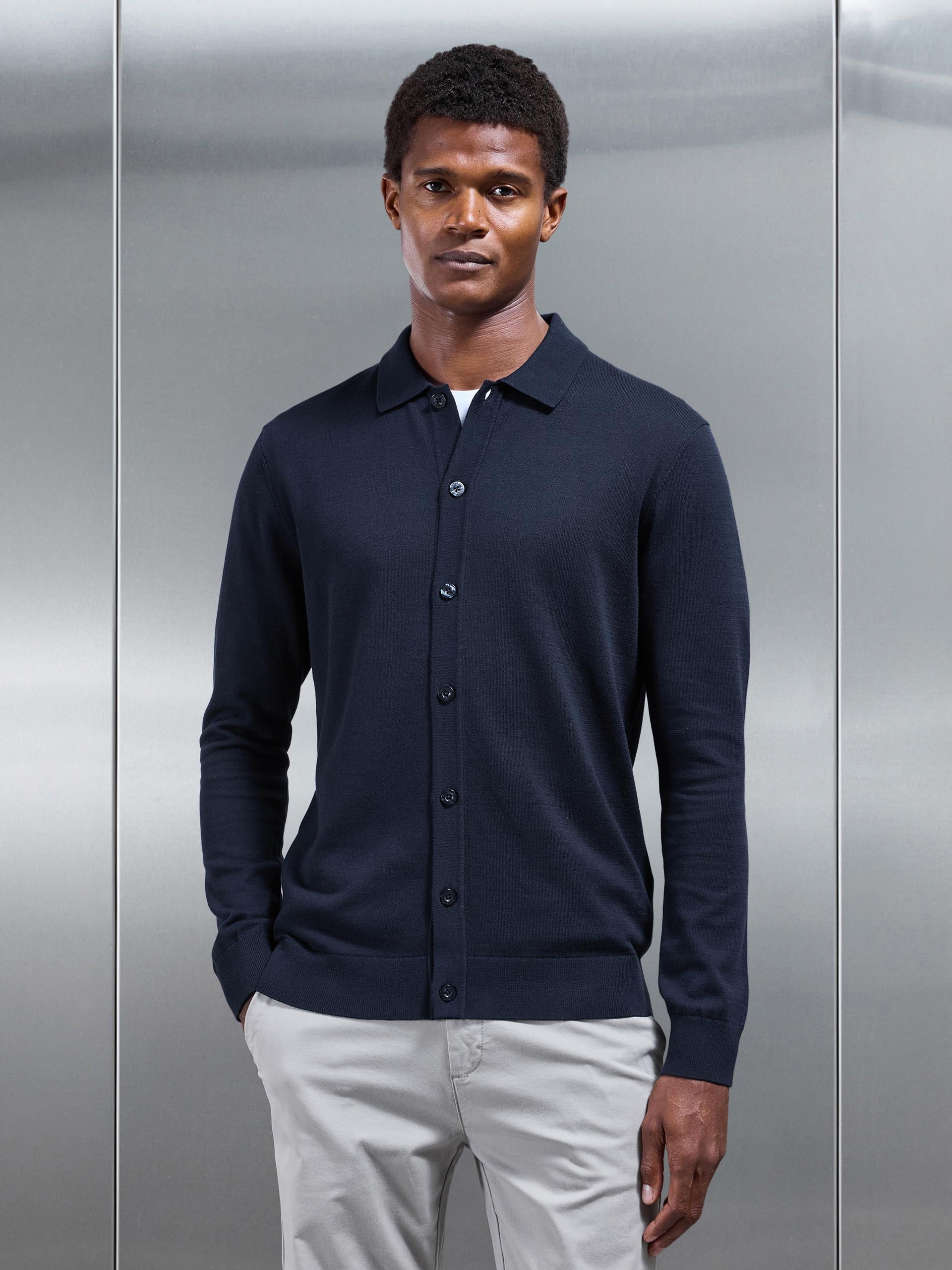 Mens Cotton Knitted Button Through Shirt in Navy