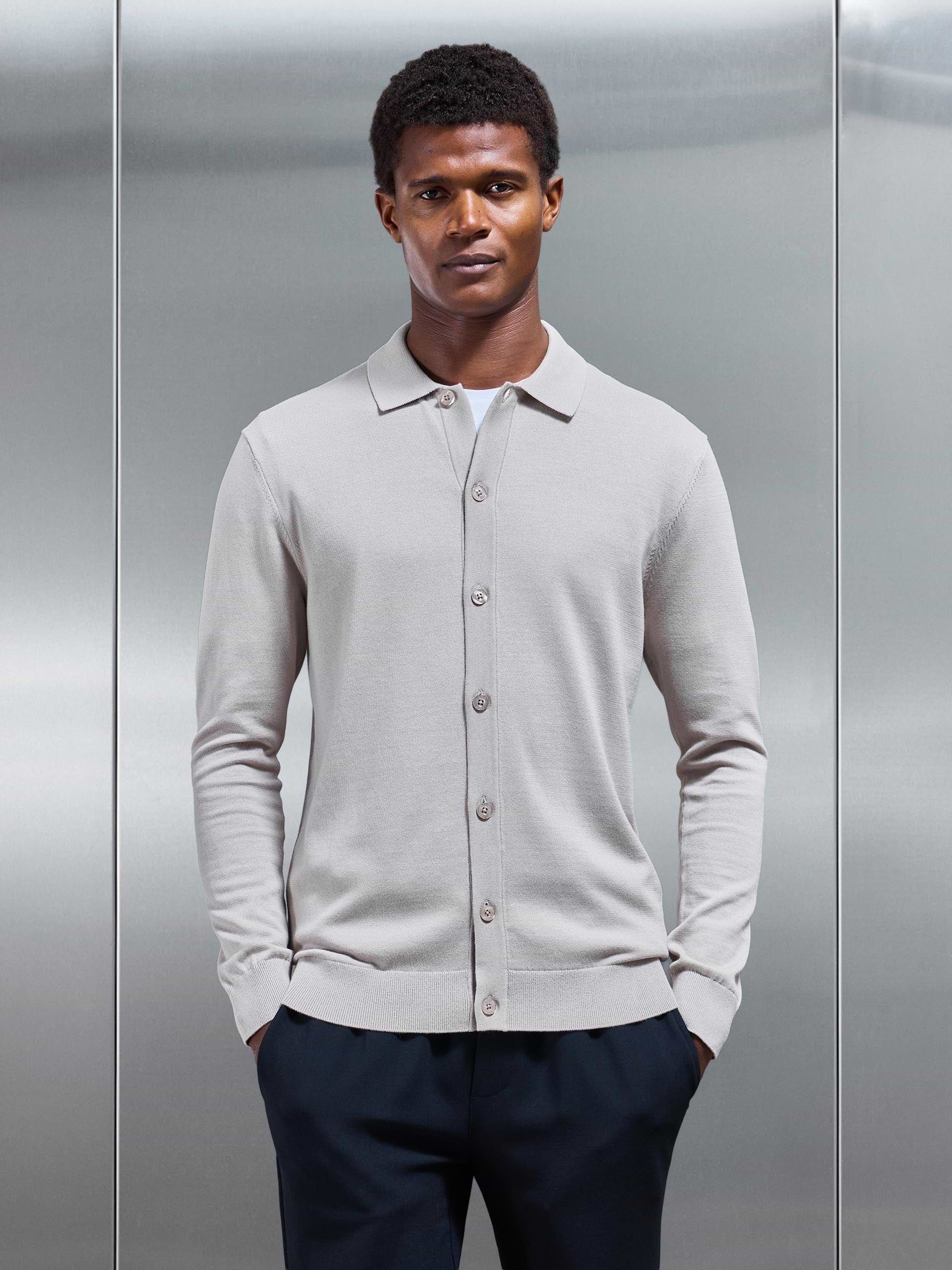 Cotton Knitted Button Through Shirt in Stone