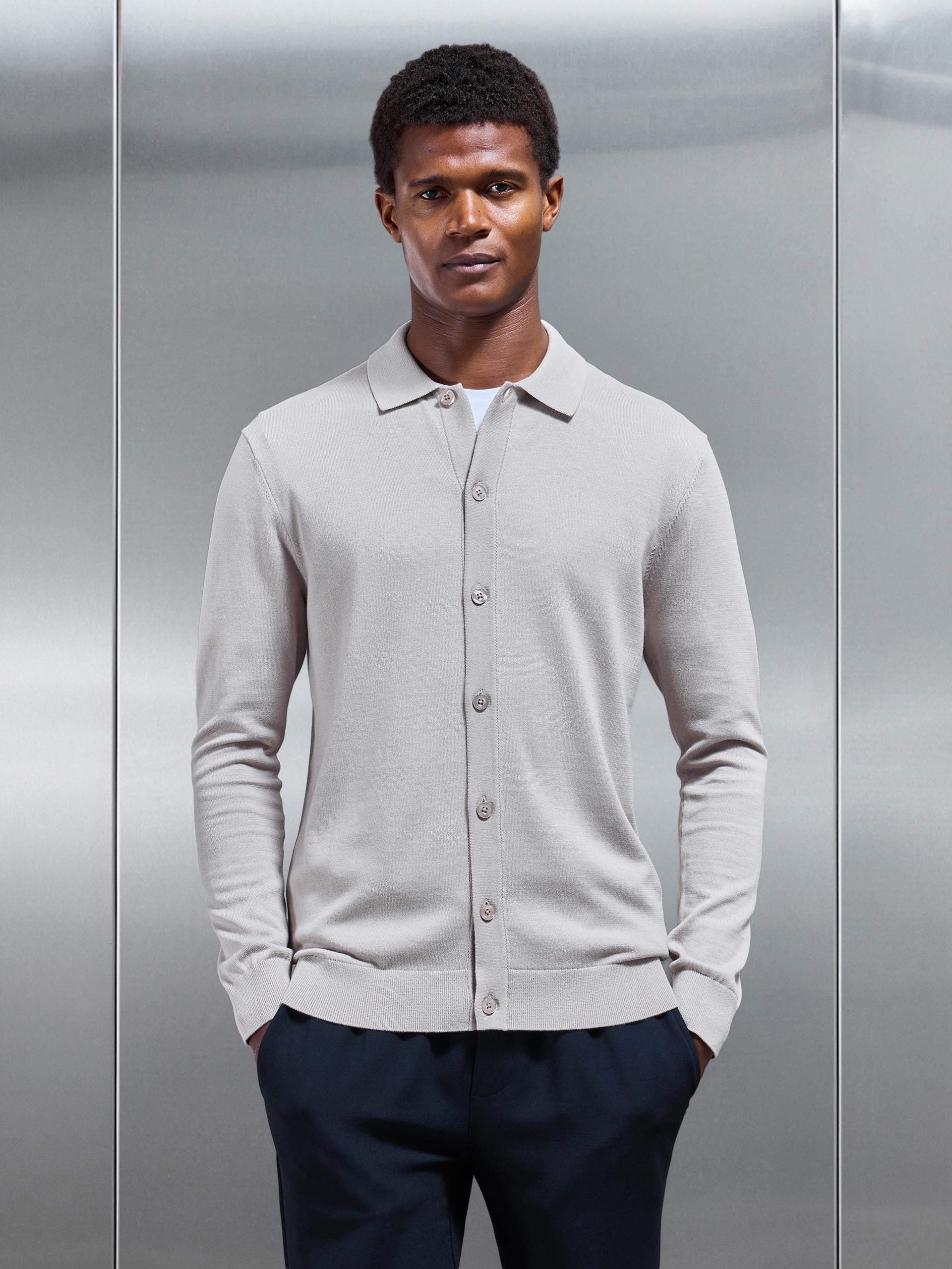Mens Cotton Knitted Button Through Shirt in Stone