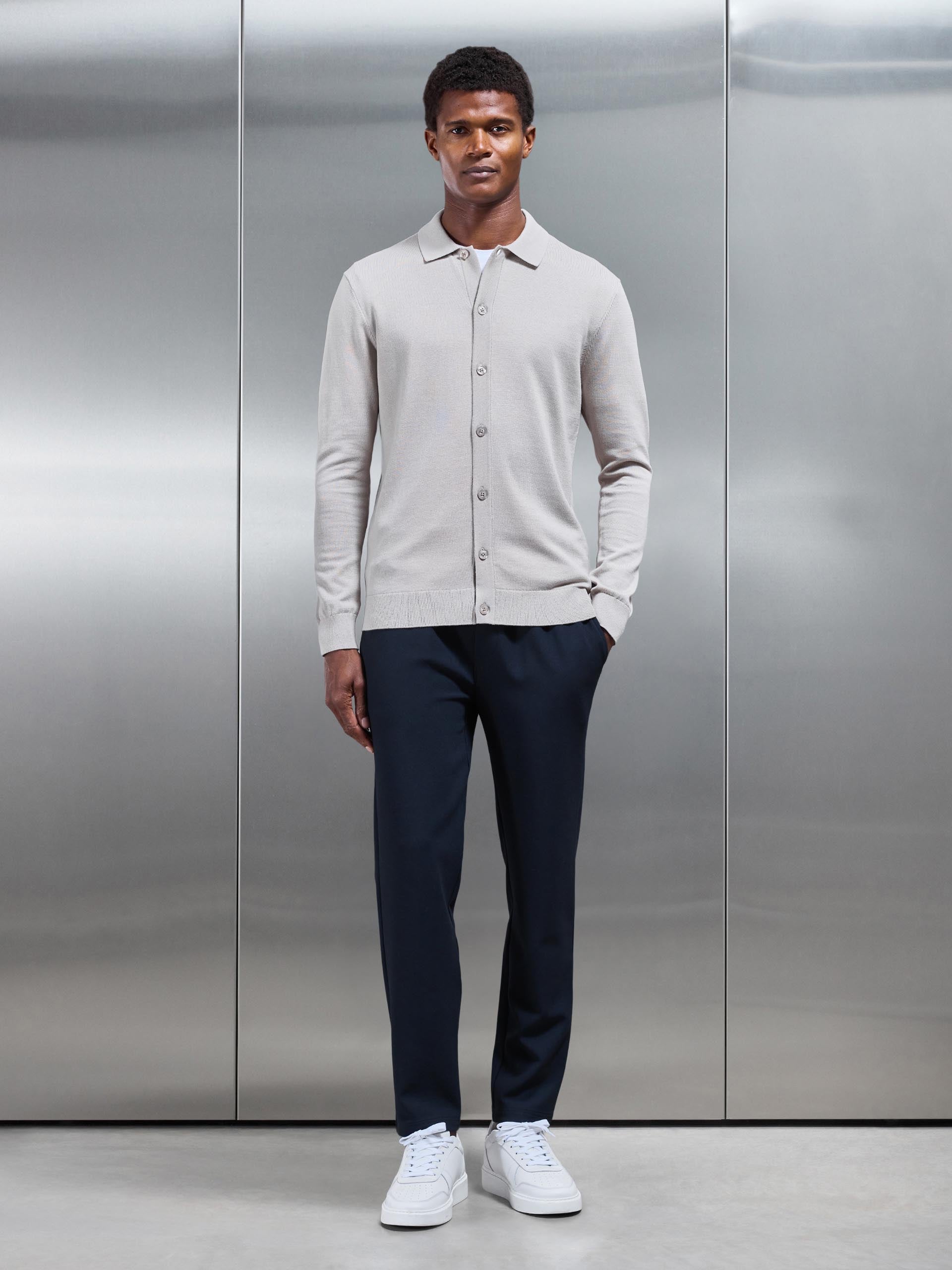 Mens Cotton Knitted Button Through Shirt in Stone
