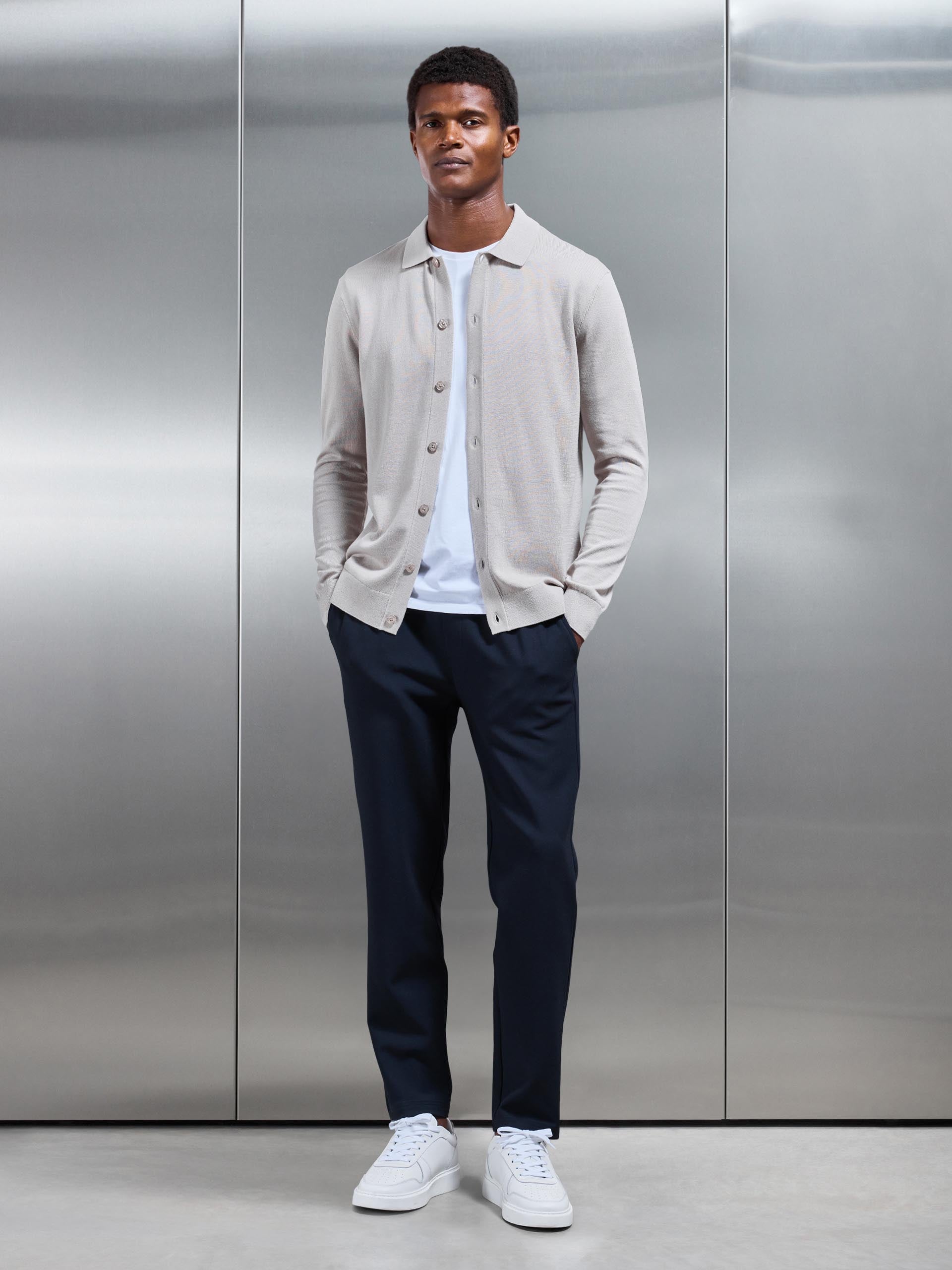 Mens Cotton Knitted Button Through Shirt in Stone