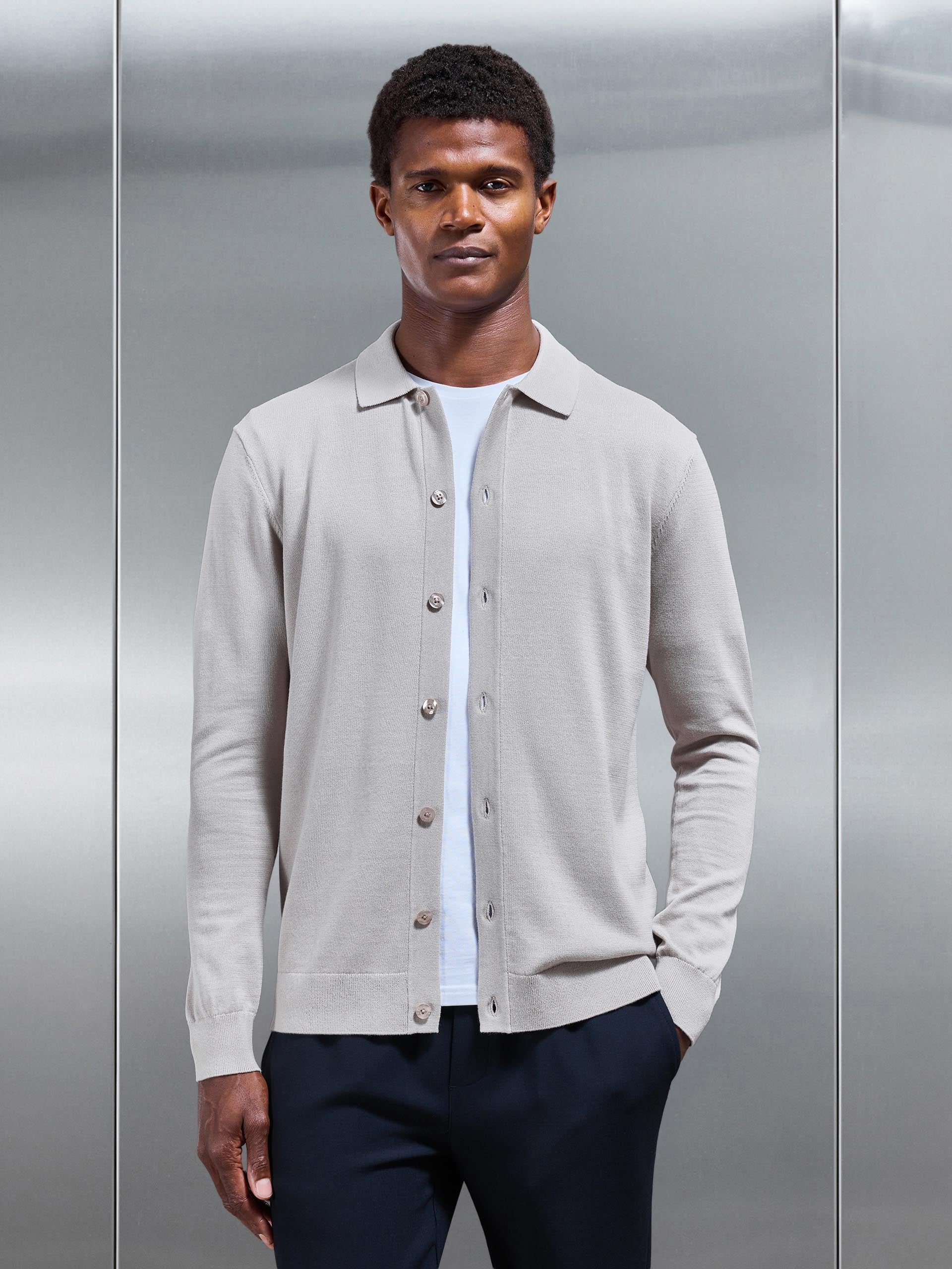 Mens Cotton Knitted Button Through Shirt in Stone