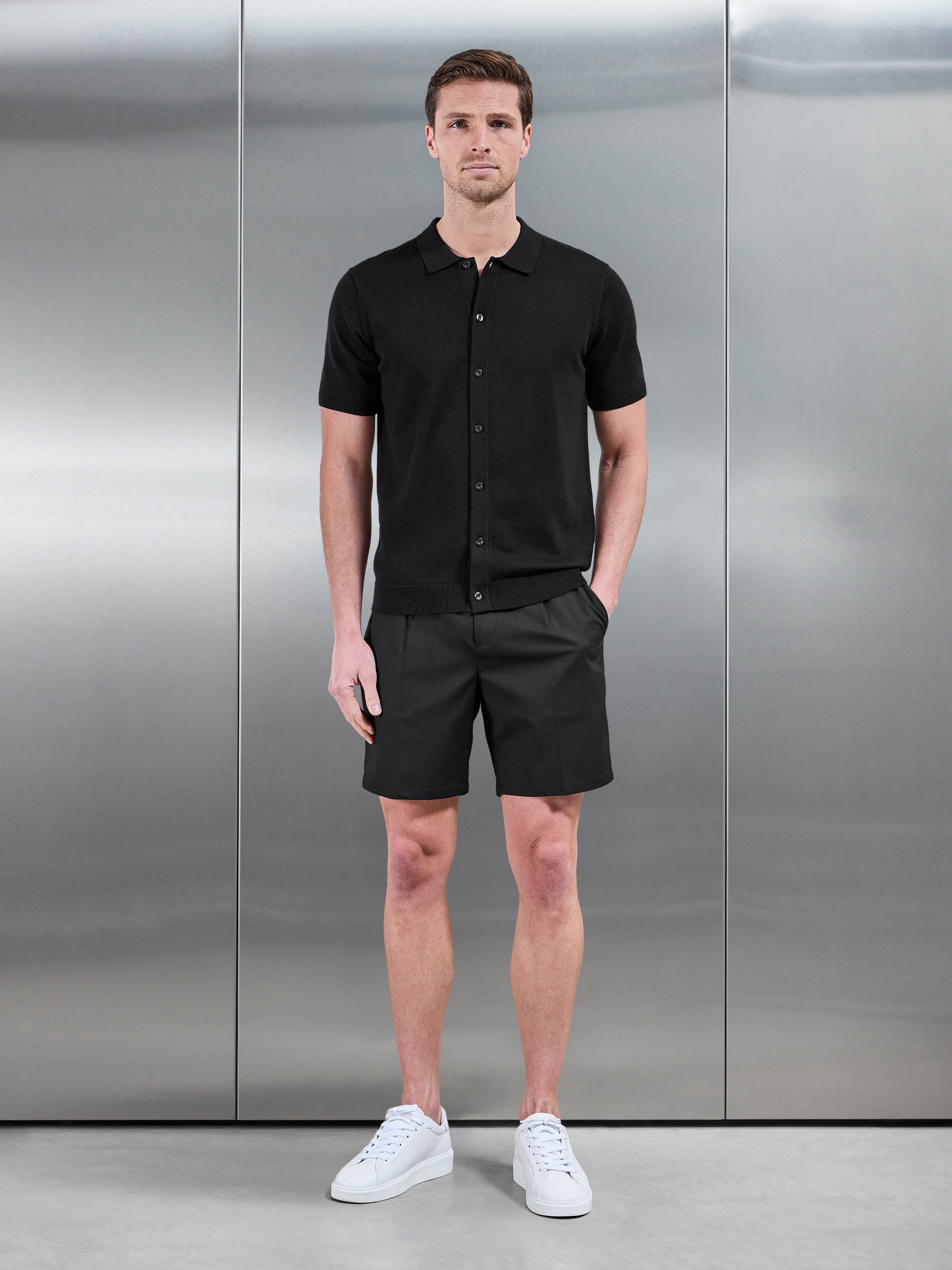Mens Cotton Knitted Button Through Short Sleeve Shirt in Black