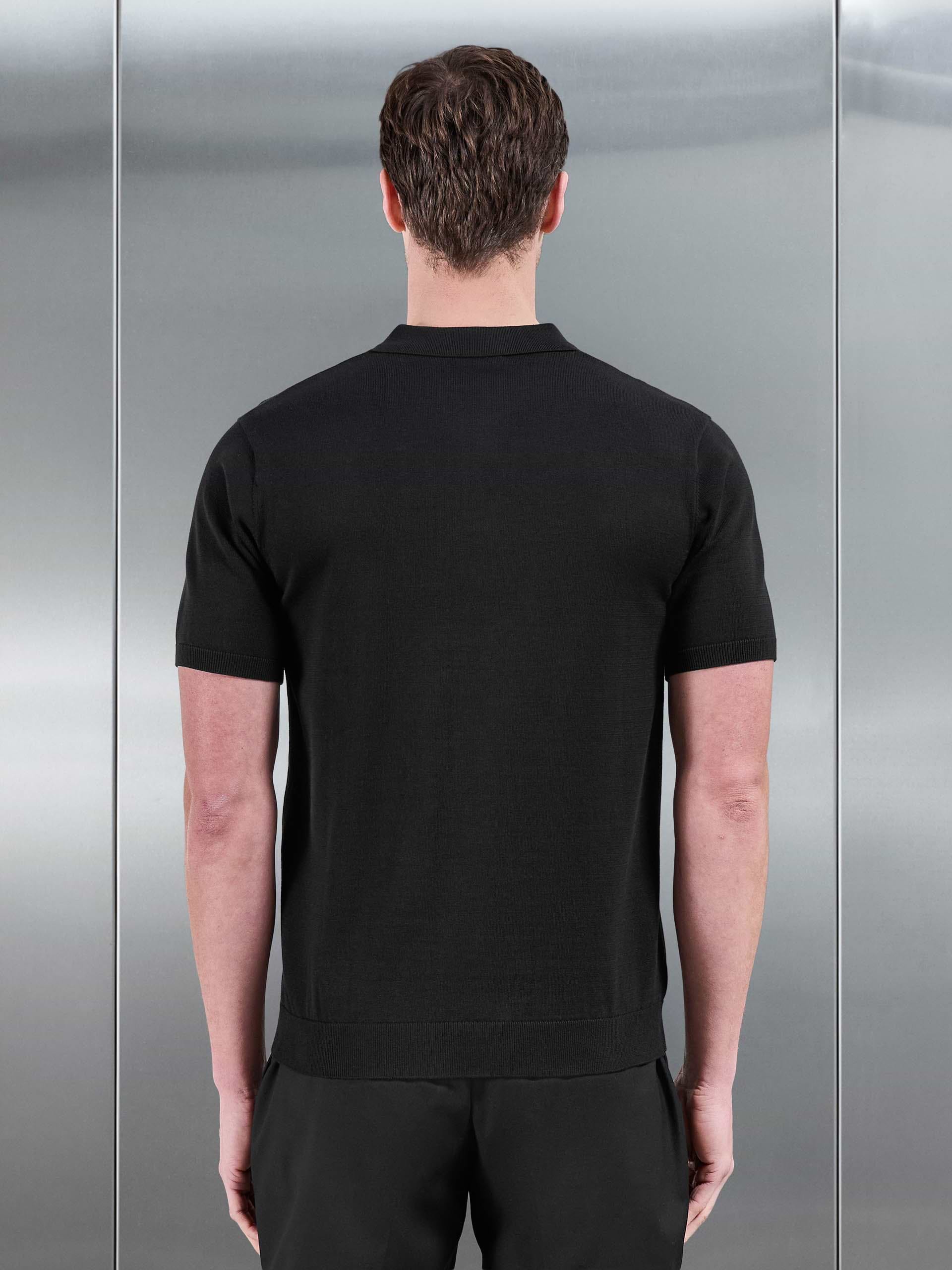 Cotton Knitted Button Through Short Sleeve Shirt in Black
