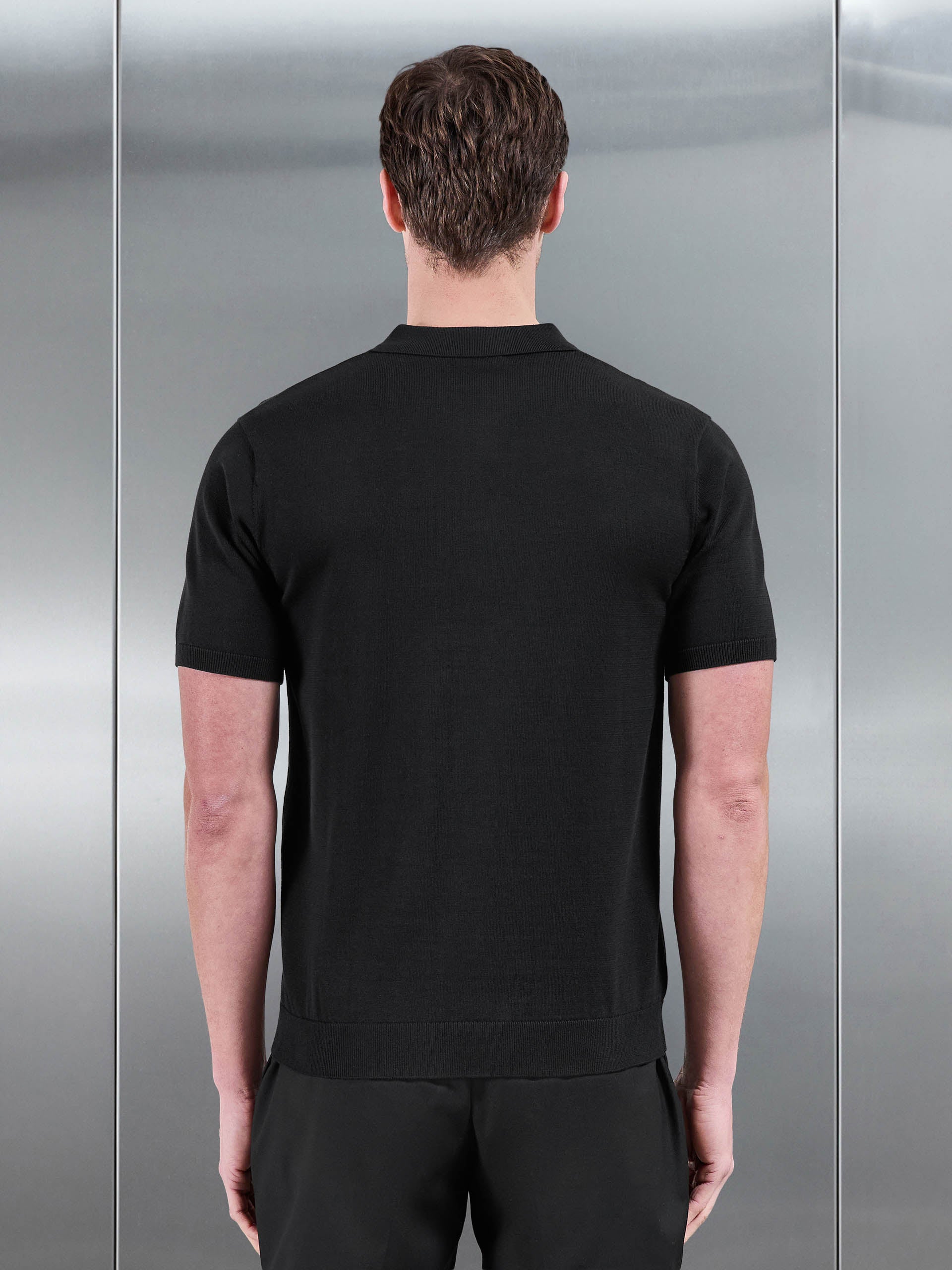 Mens Cotton Knitted Button Through Short Sleeve Shirt in Black