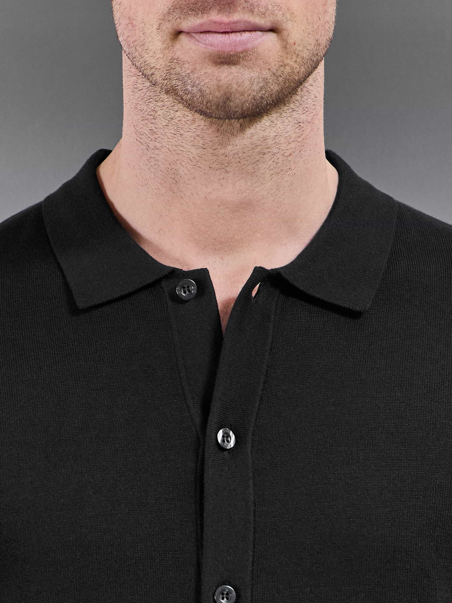 Cotton Knitted Button Through Short Sleeve Shirt in Black