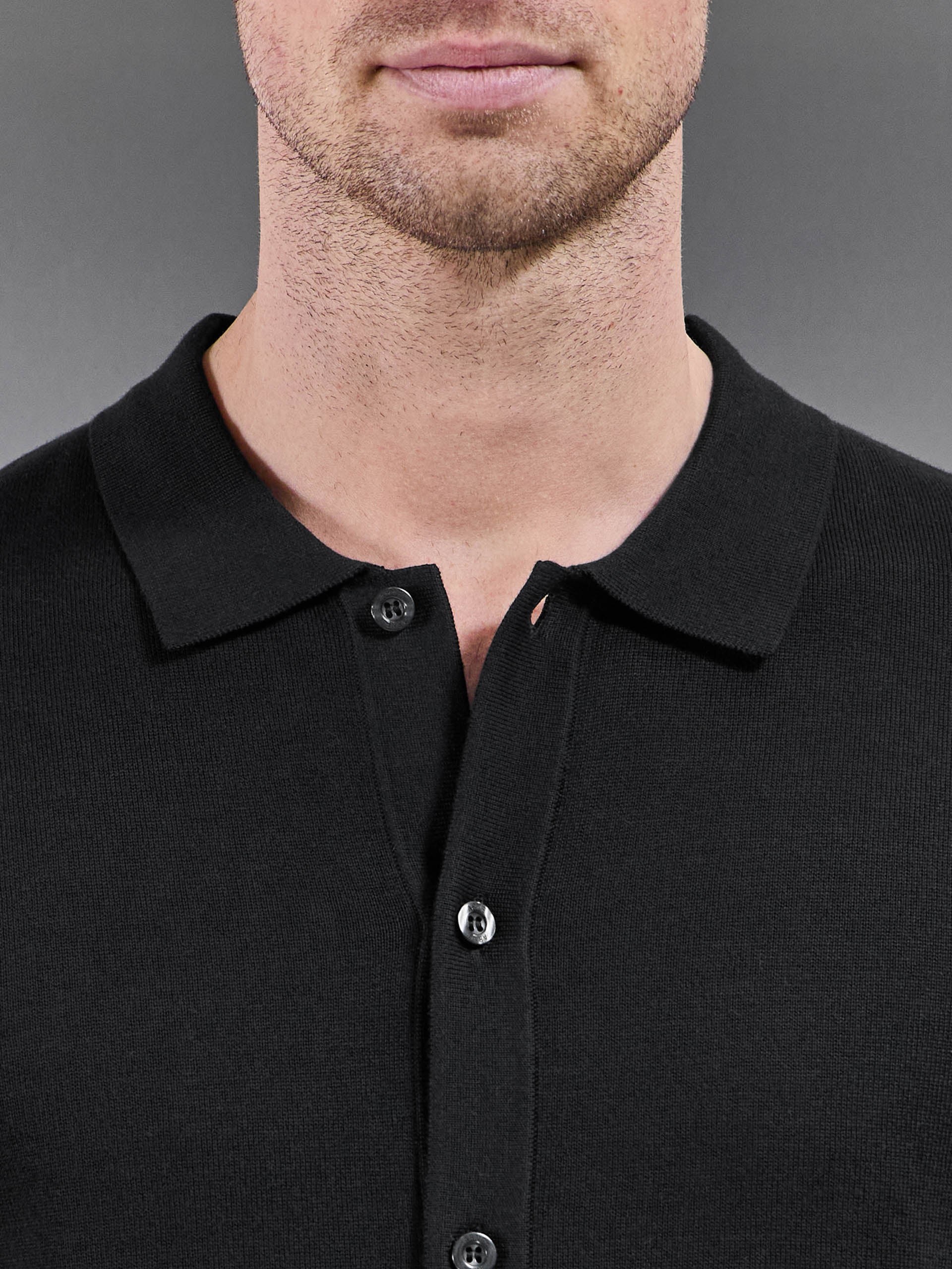 Mens Cotton Knitted Button Through Short Sleeve Shirt in Black