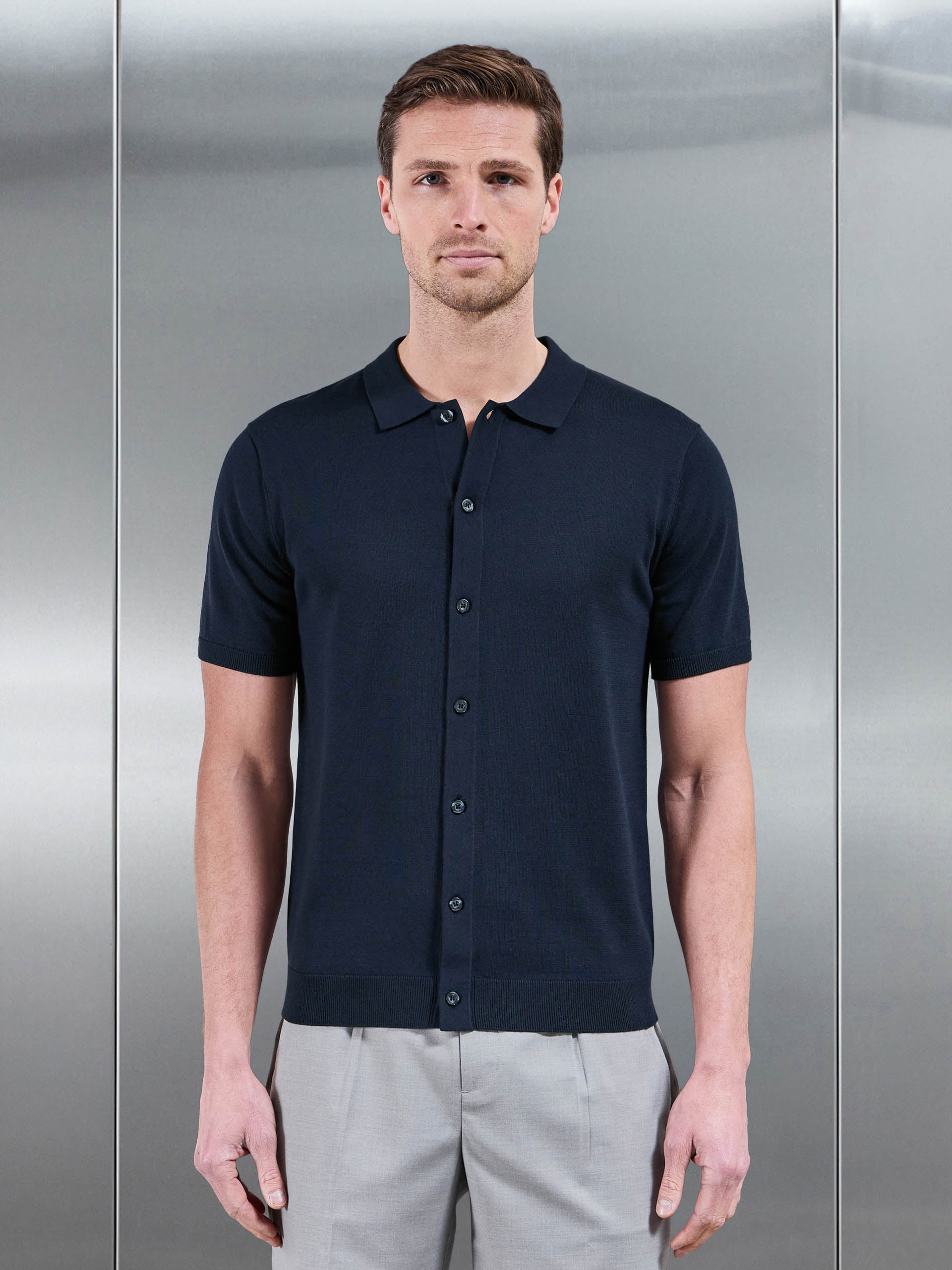 Mens Cotton Knitted Button Through Short Sleeve Shirt in Navy